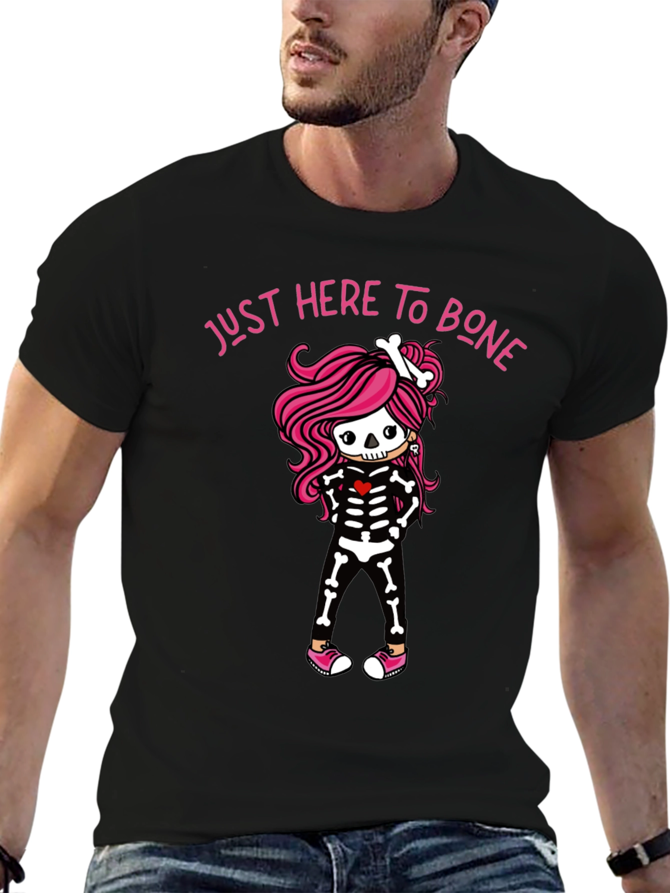 Black Just Here to Bone Skeleton Girl T-Shirt view 6