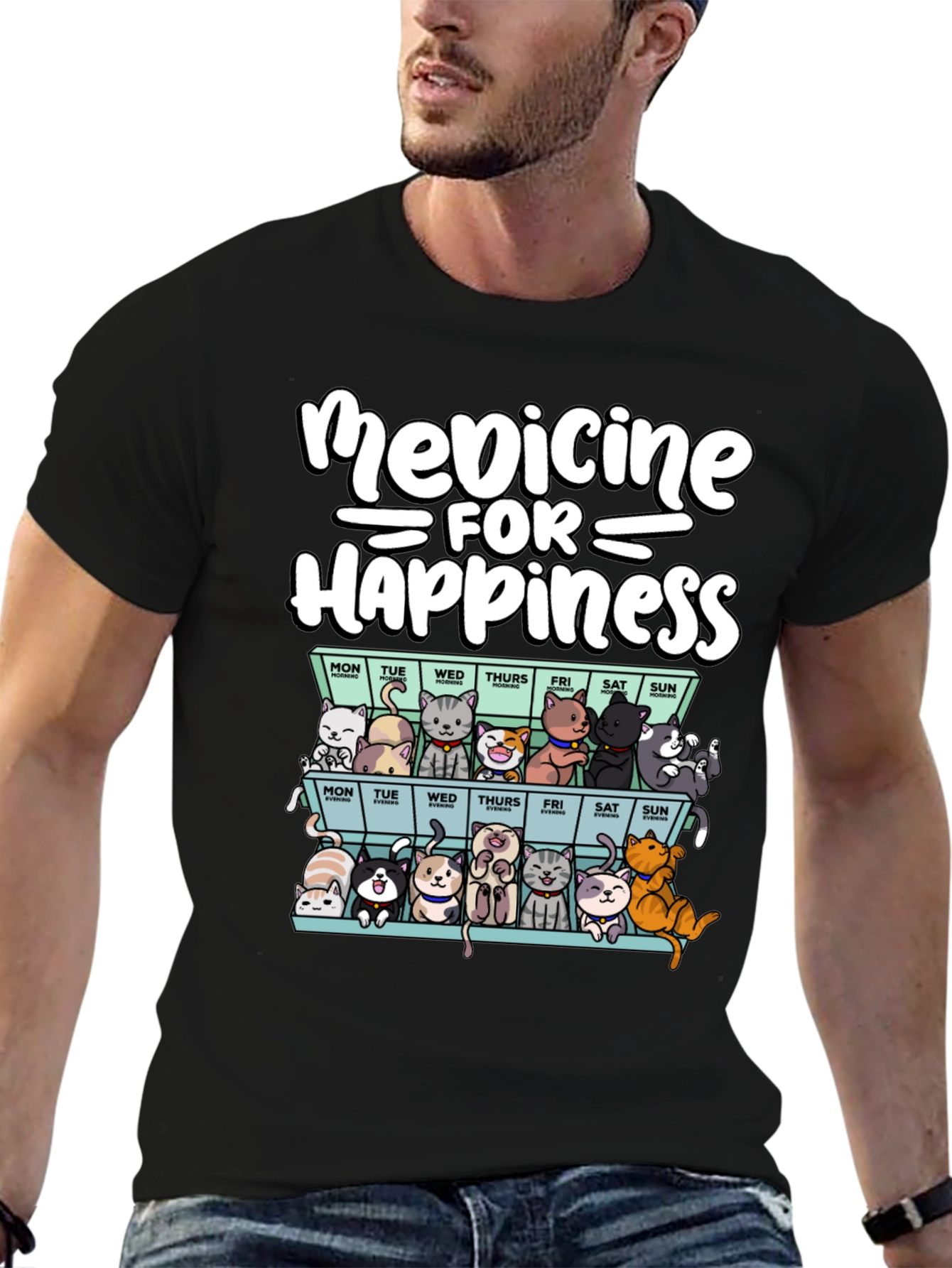Black Medicine for Happiness Cat T-Shirt view 6