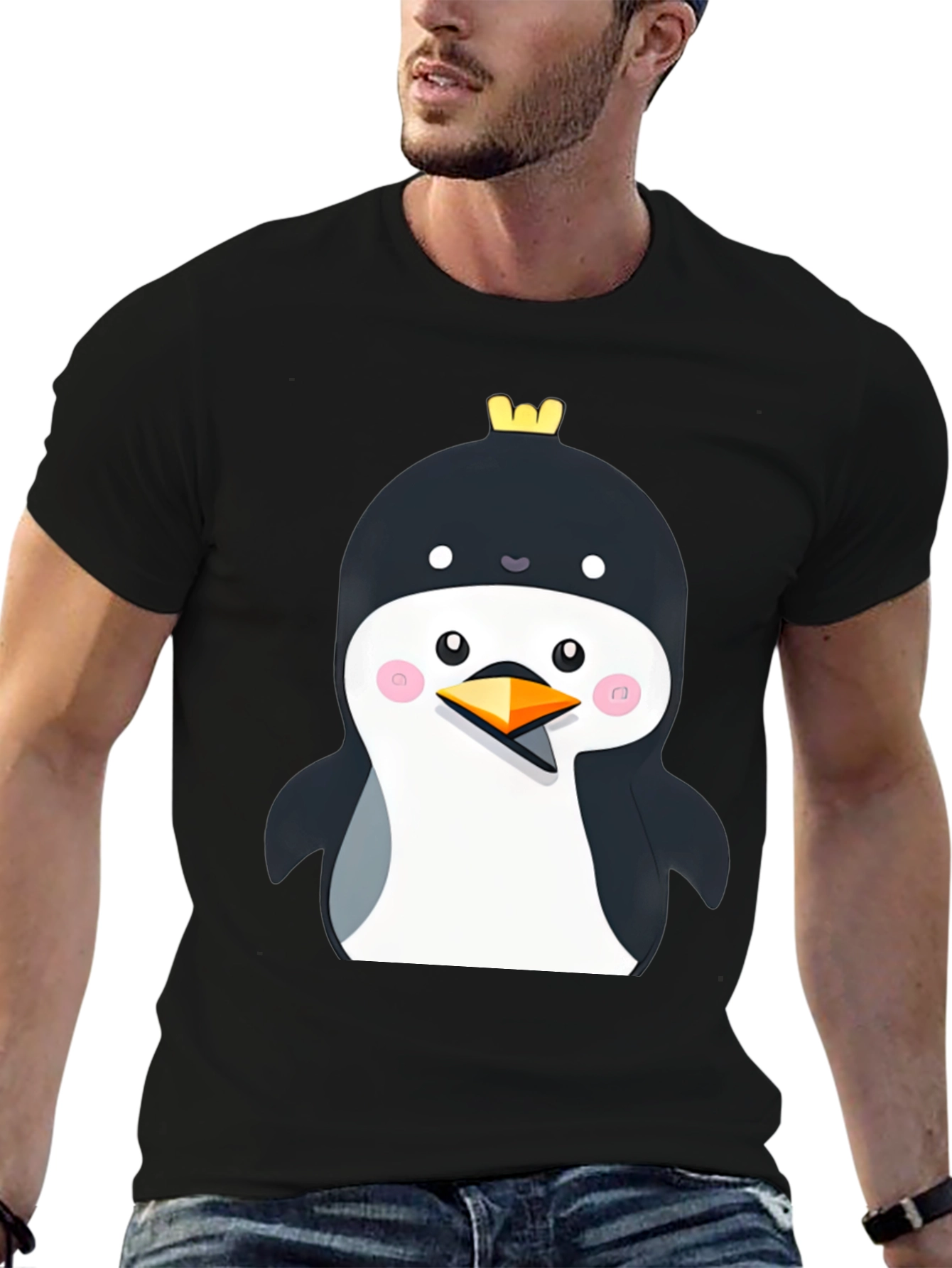 Black Penguin with Crown Black T-Shirt - Cute Cartoon Style view 6