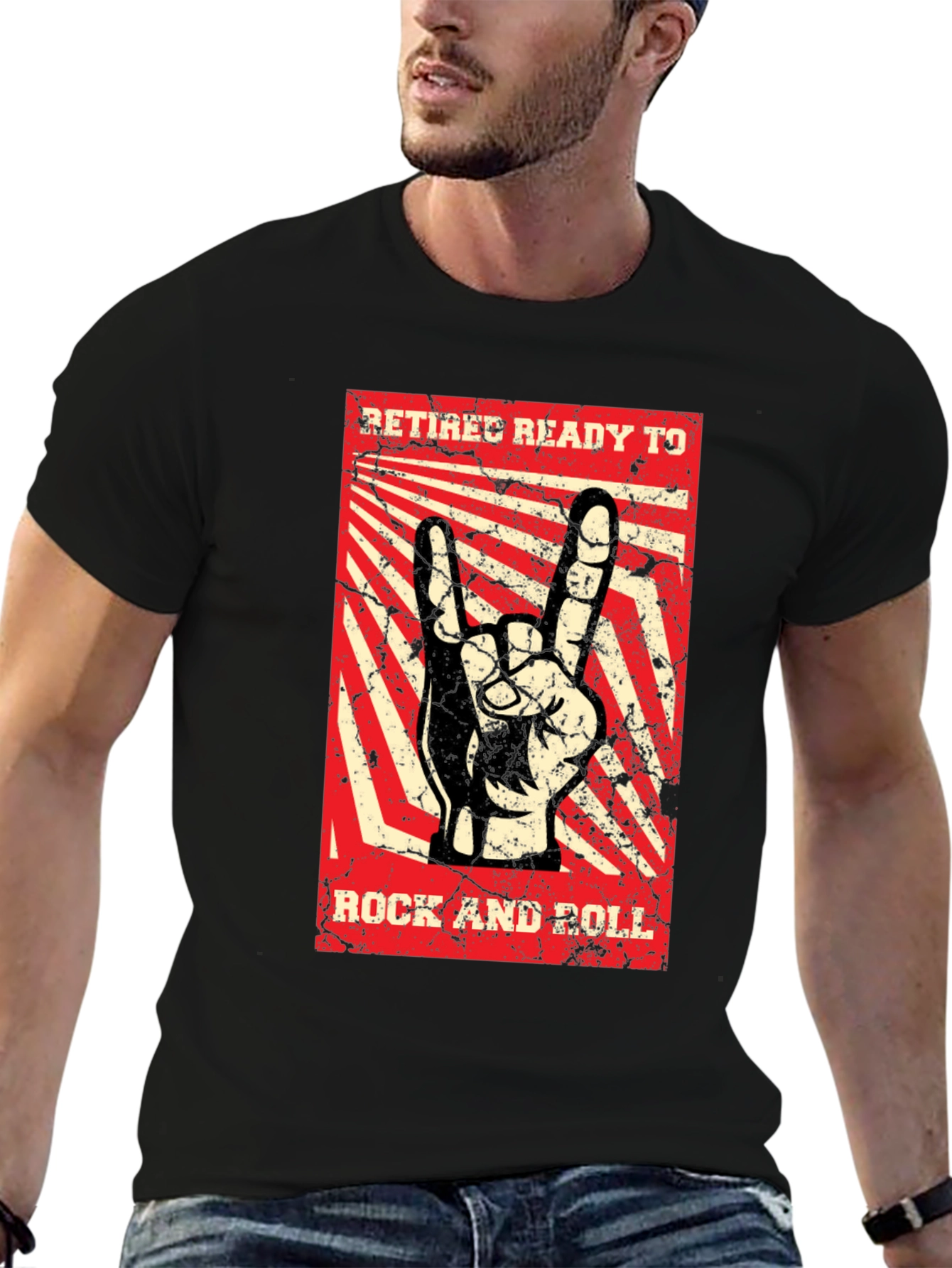 Black Retiree Ready to Rock T-Shirt - Rock and Roll Hand Sign view 6