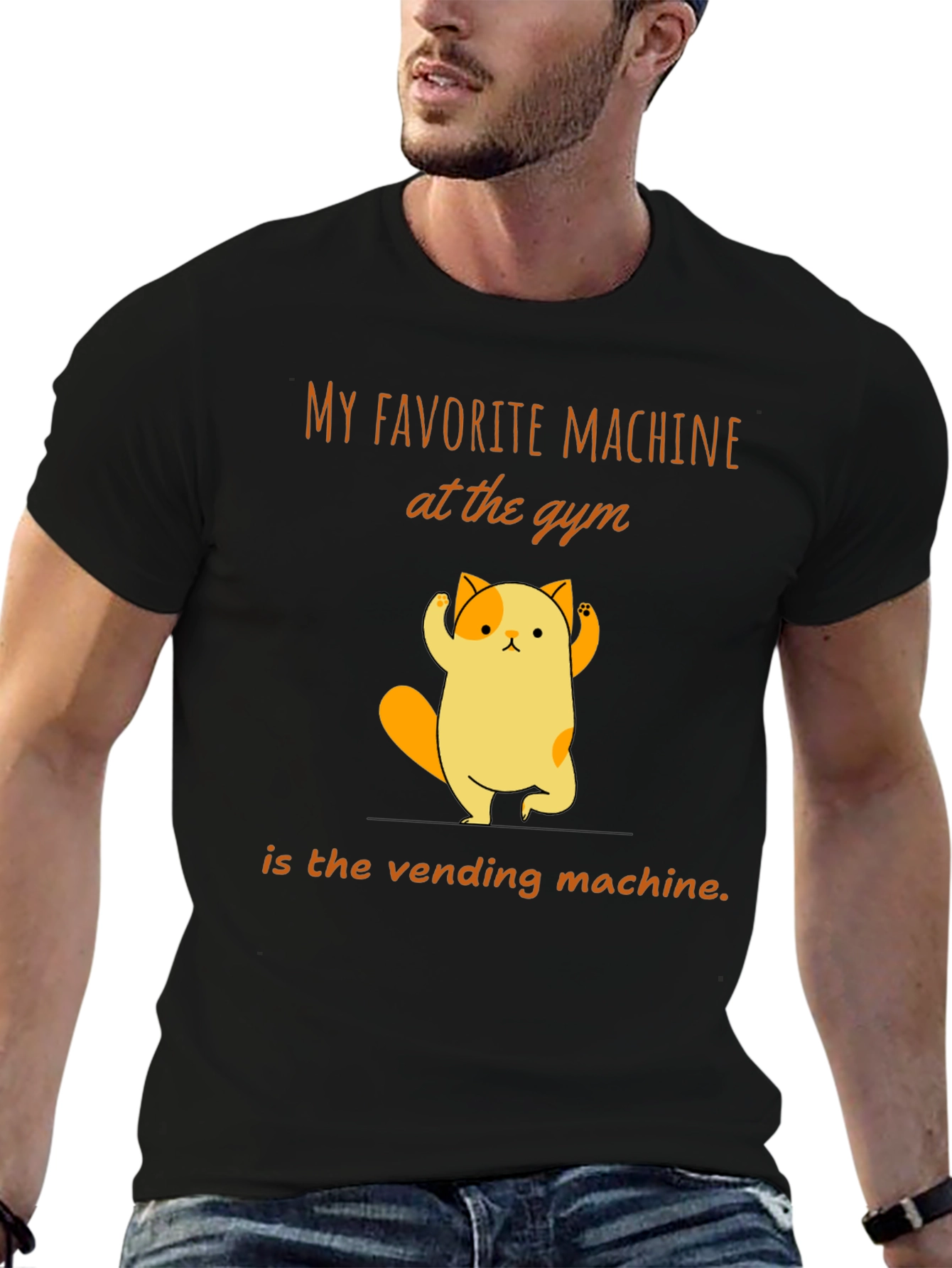 Black Gym Humor T-Shirt - Vending Machine Cat view 6