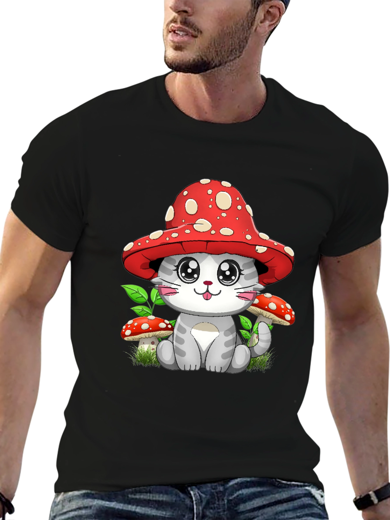 Black Mushroom Cat Graphic Tee - Whimsical Design view 6