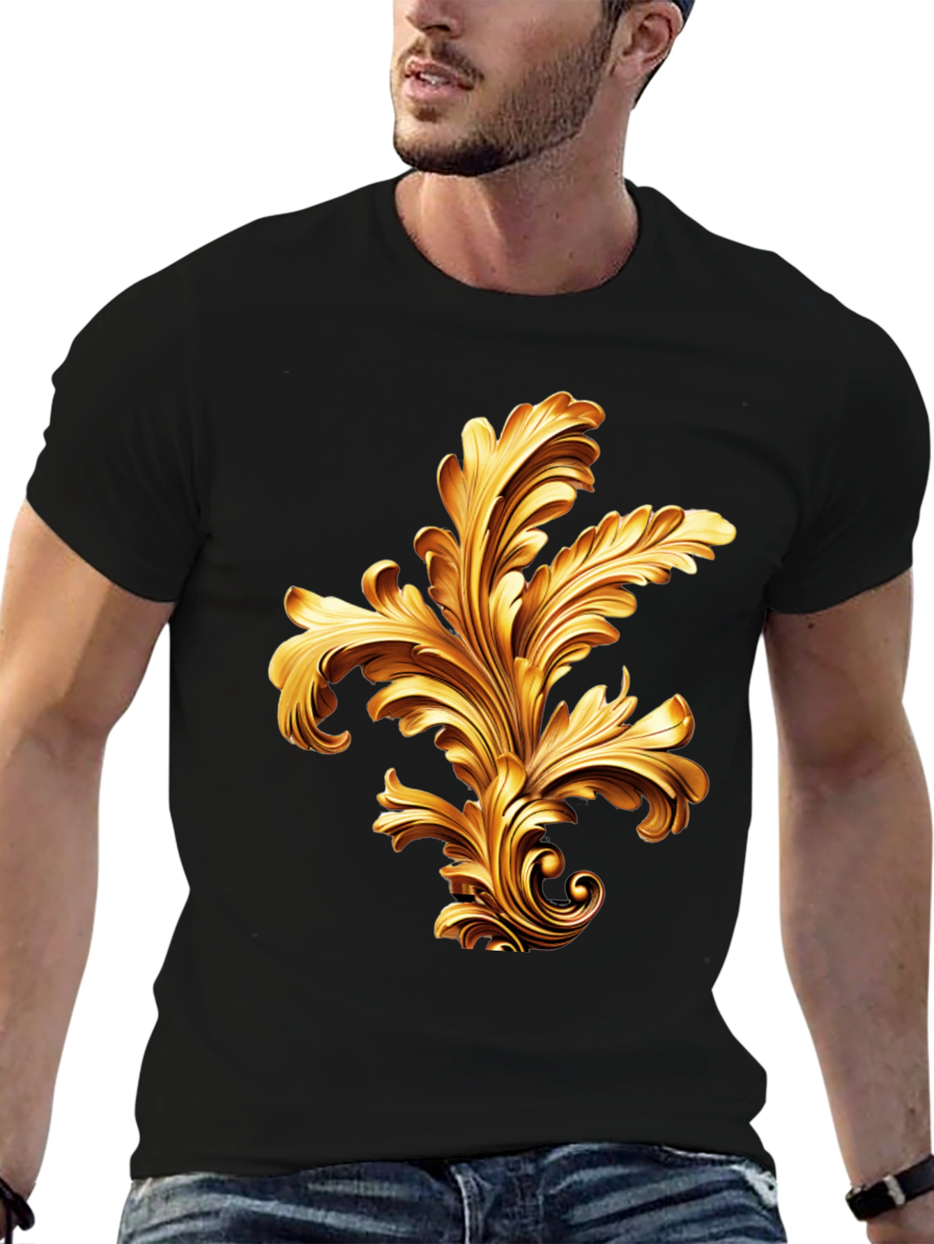 Black Elegant Black T-Shirt with Golden Baroque Design view 6