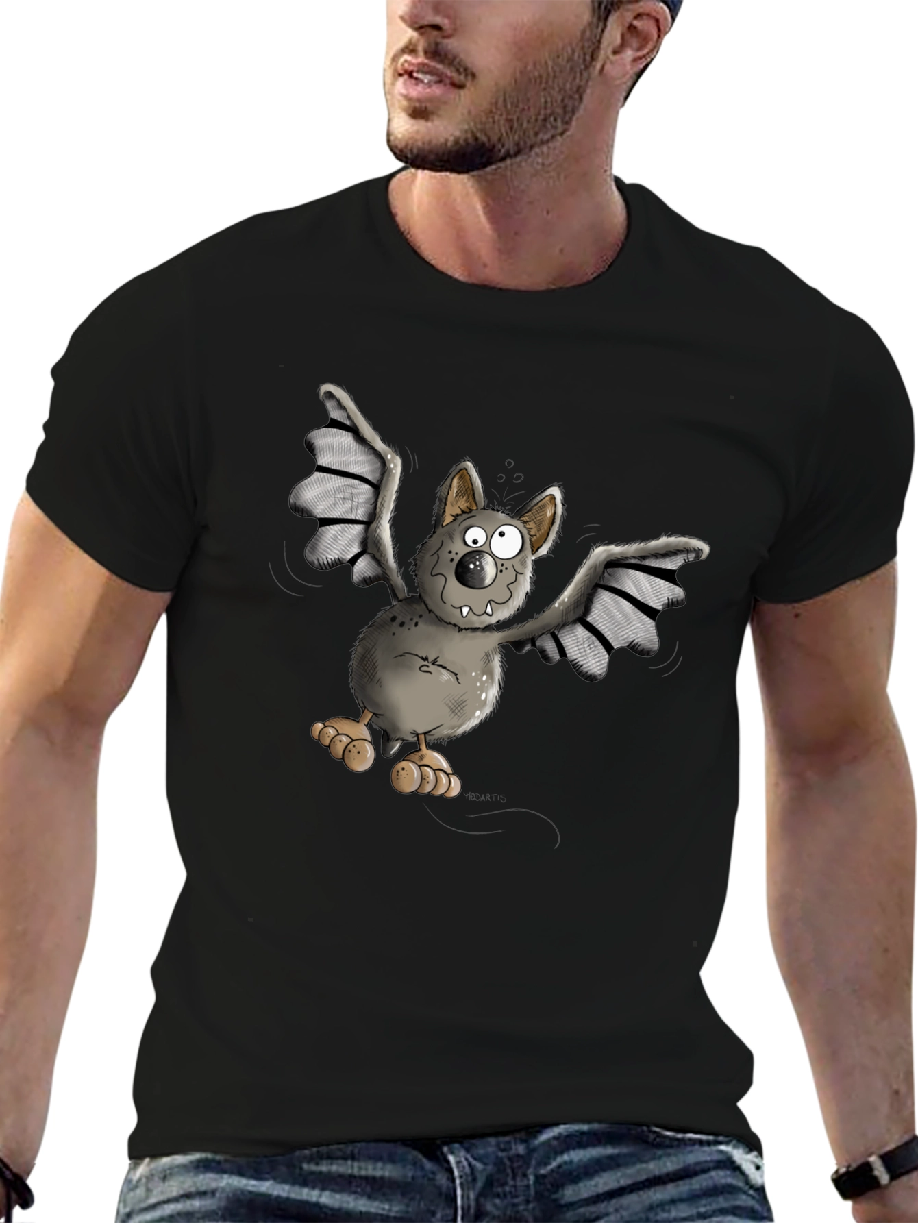 Black Funny Bat Cartoon Graphic T-Shirt view 6
