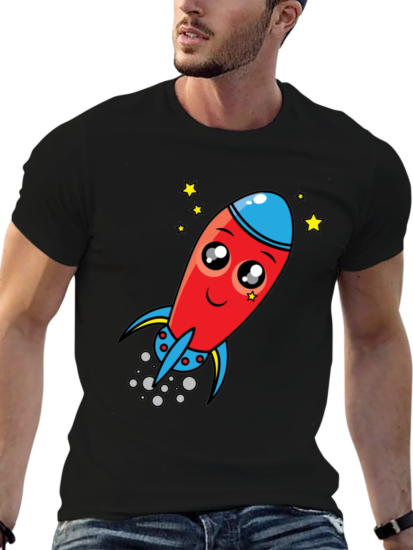 Black Cartoon Rocket Graphic Tee - Black Cotton T-Shirt view 6
