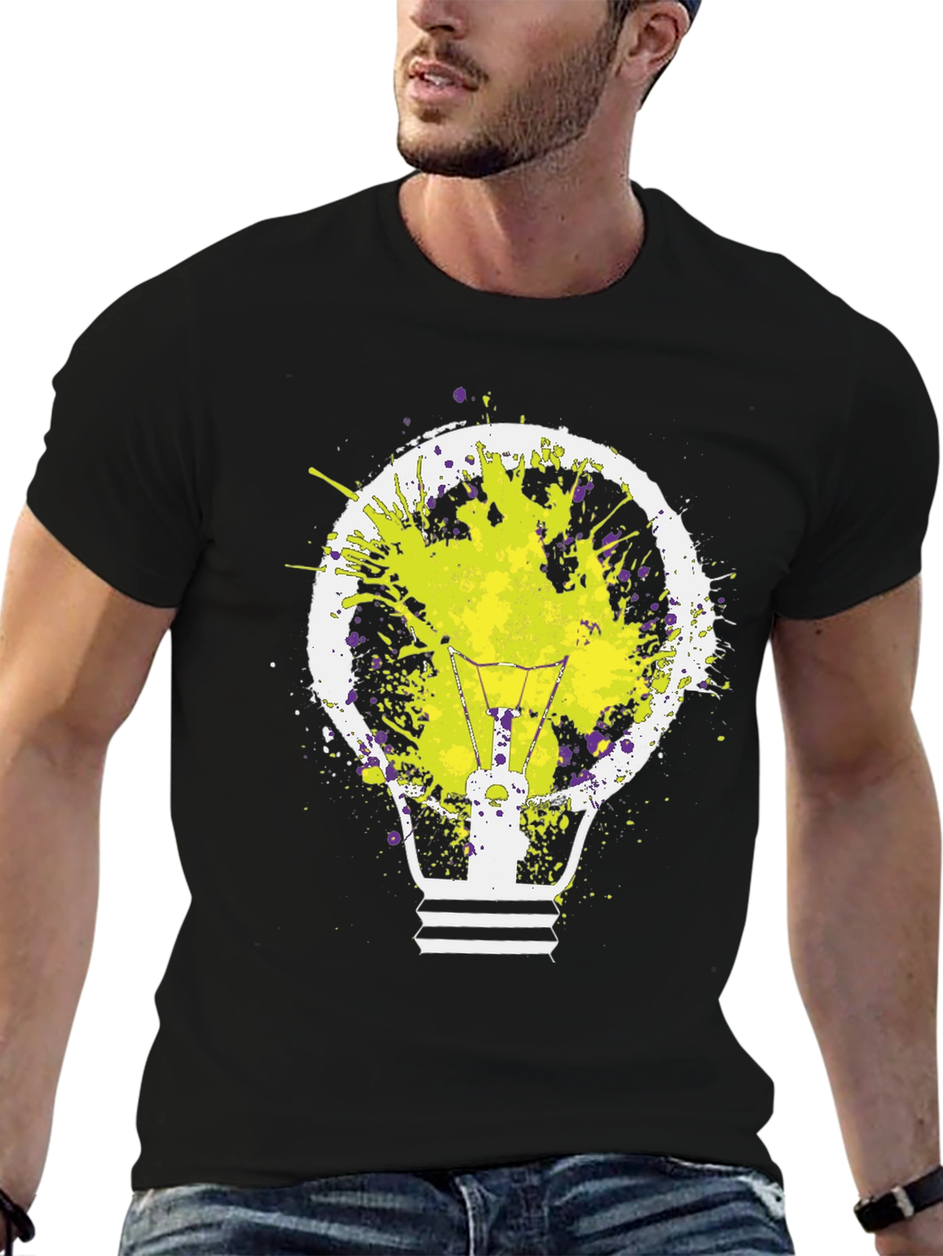 Black Idea Bulb Splatter Graphic Tee - Men's Black T-Shirt view 6