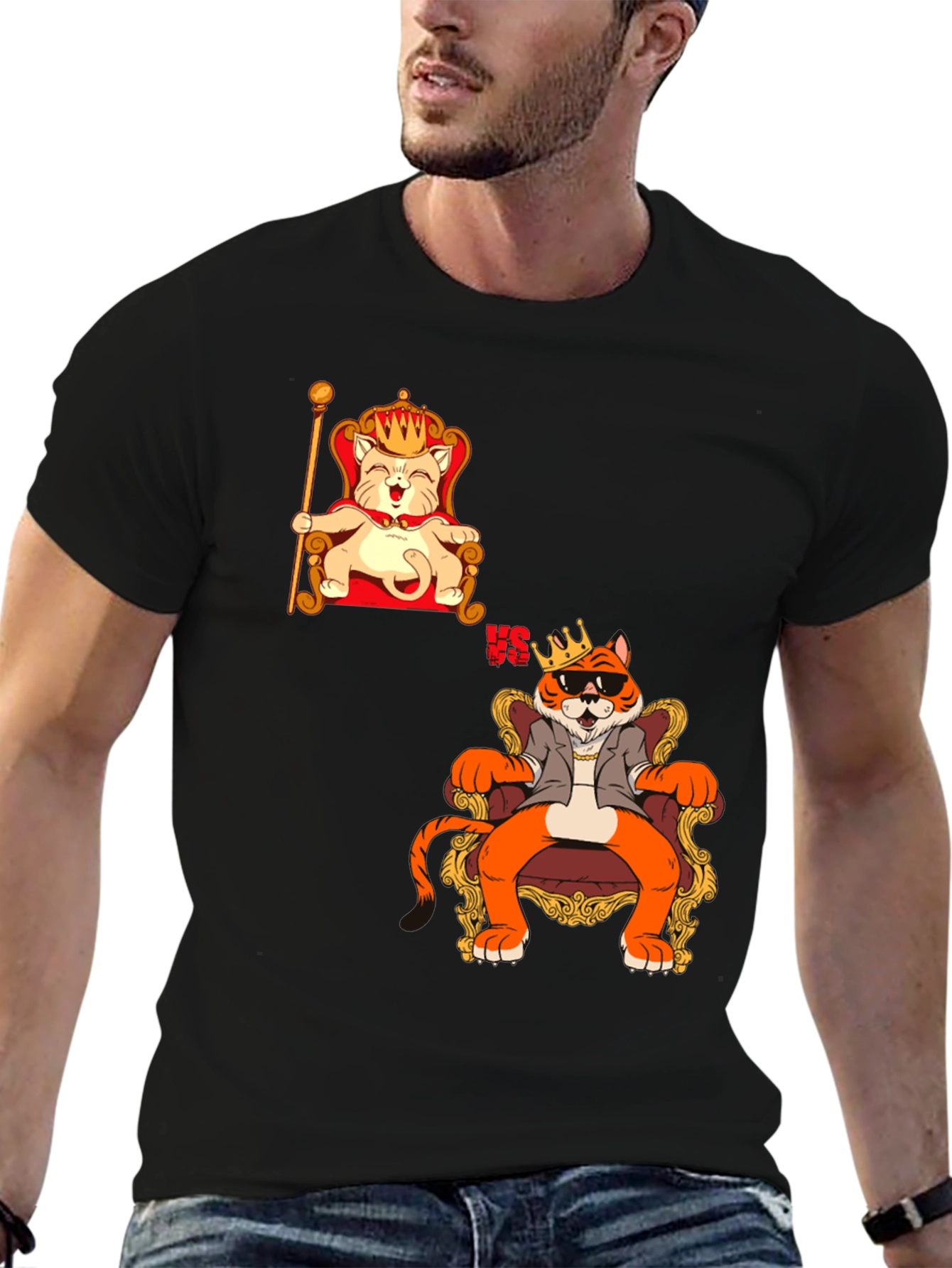 Black King Cat VS King Tiger Black T-Shirt view 6