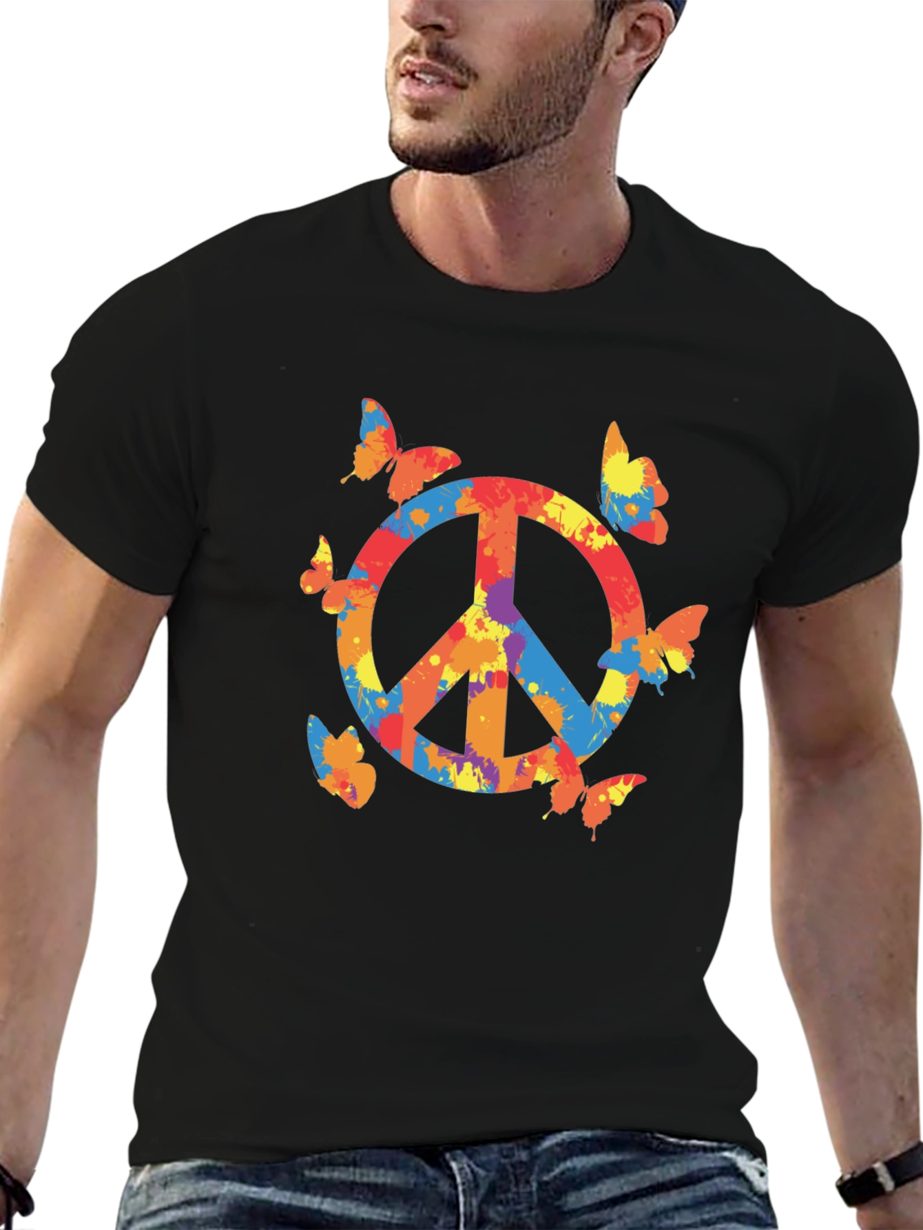 Black Peace Sign Butterfly Graphic Tee - Black Casual T-Shirt view 6