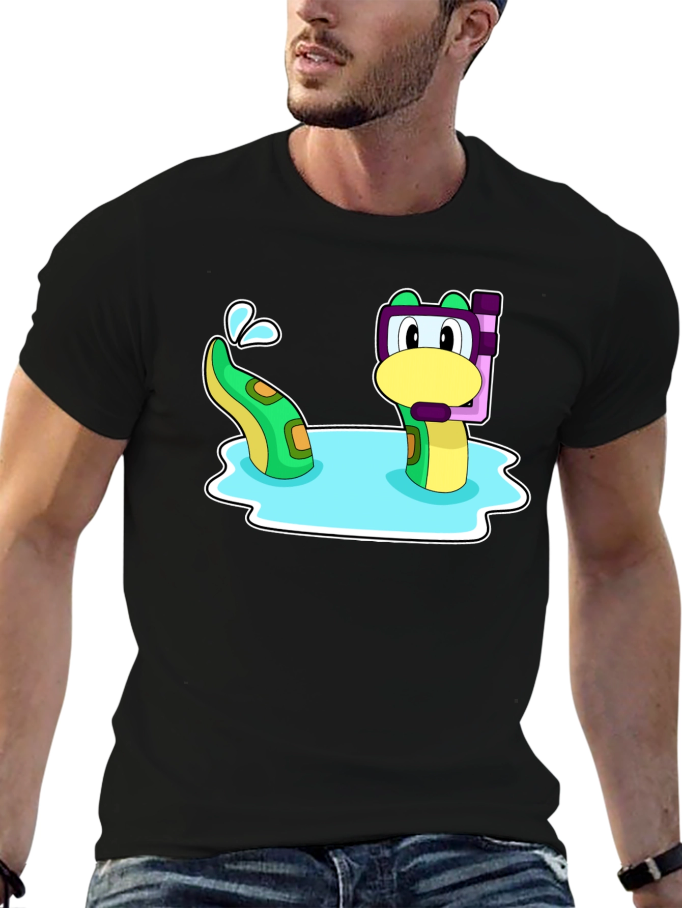 Black Cartoon Sea Serpent Snorkel T-Shirt view 6