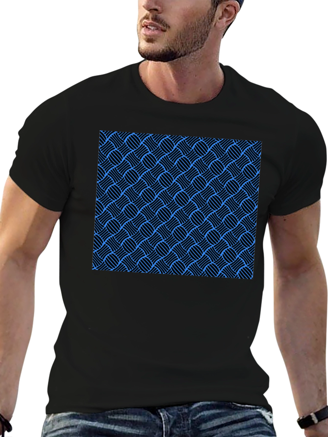 Black Stylish Black T-Shirt with Blue Weave Pattern view 6