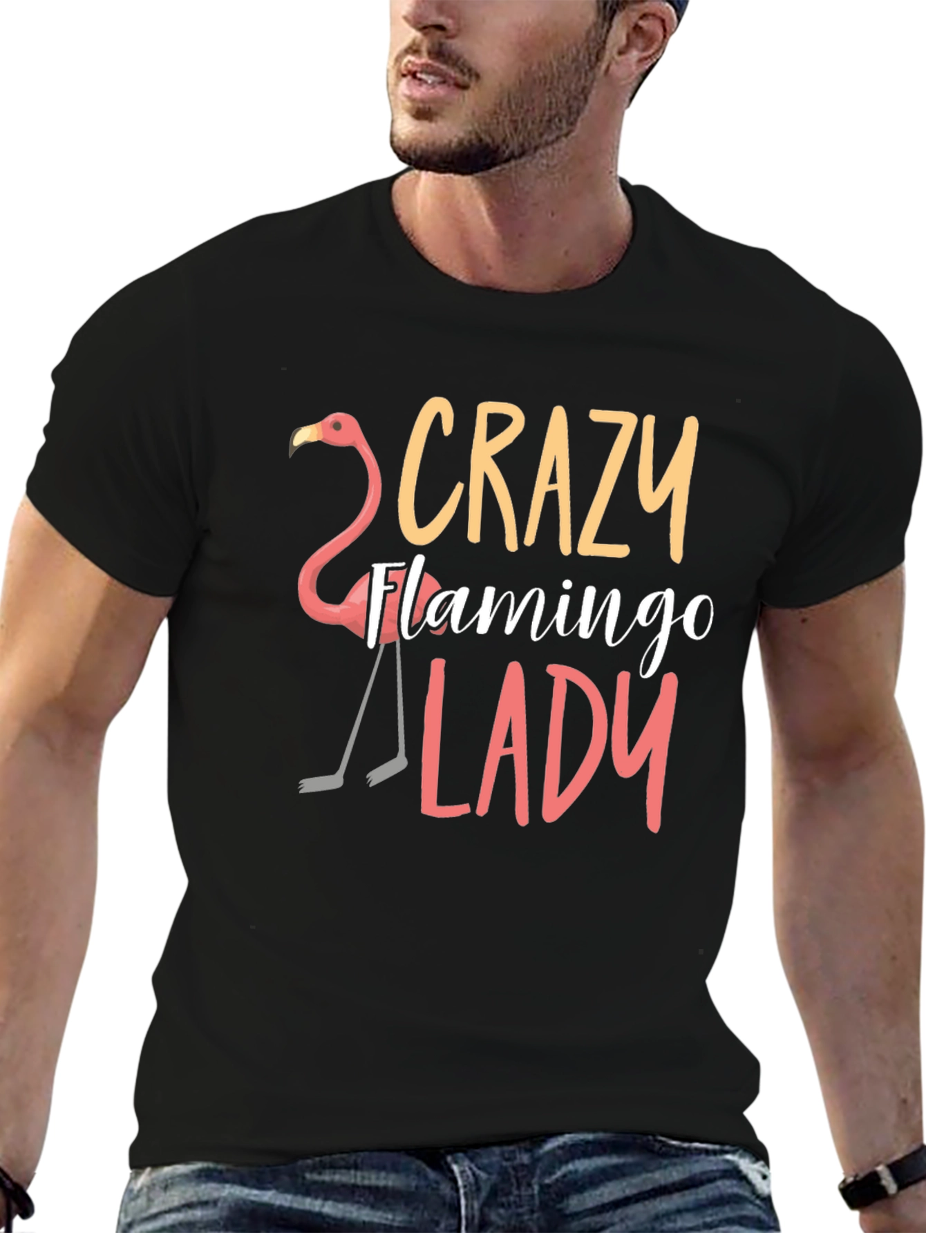 Black Crazy Flamingo Lady T-Shirt - Novelty Tee view 6