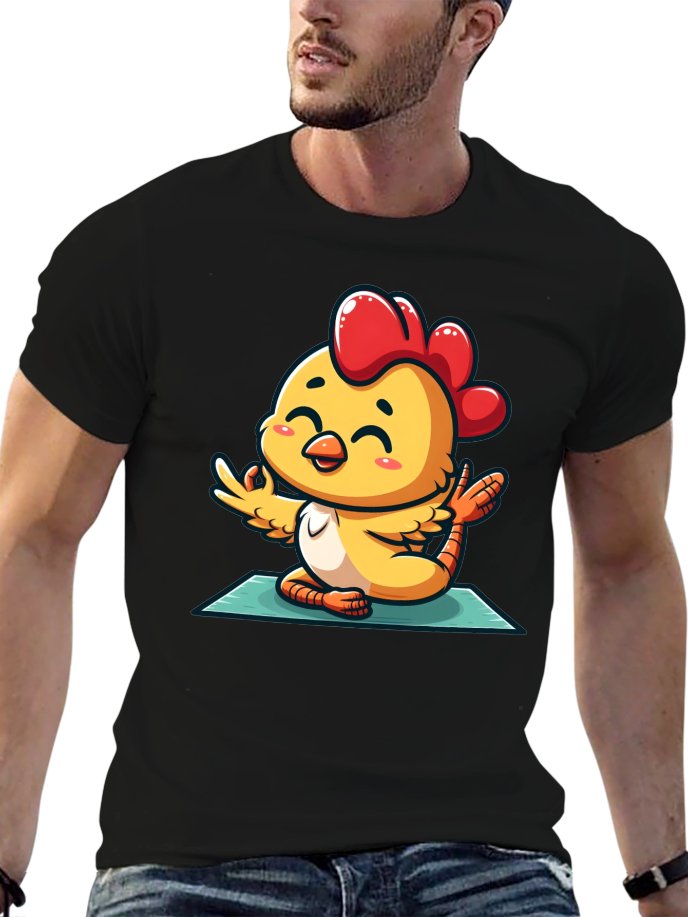 Black Yoga Chicken T-Shirt - Relaxed Fit Cotton Tee view 6