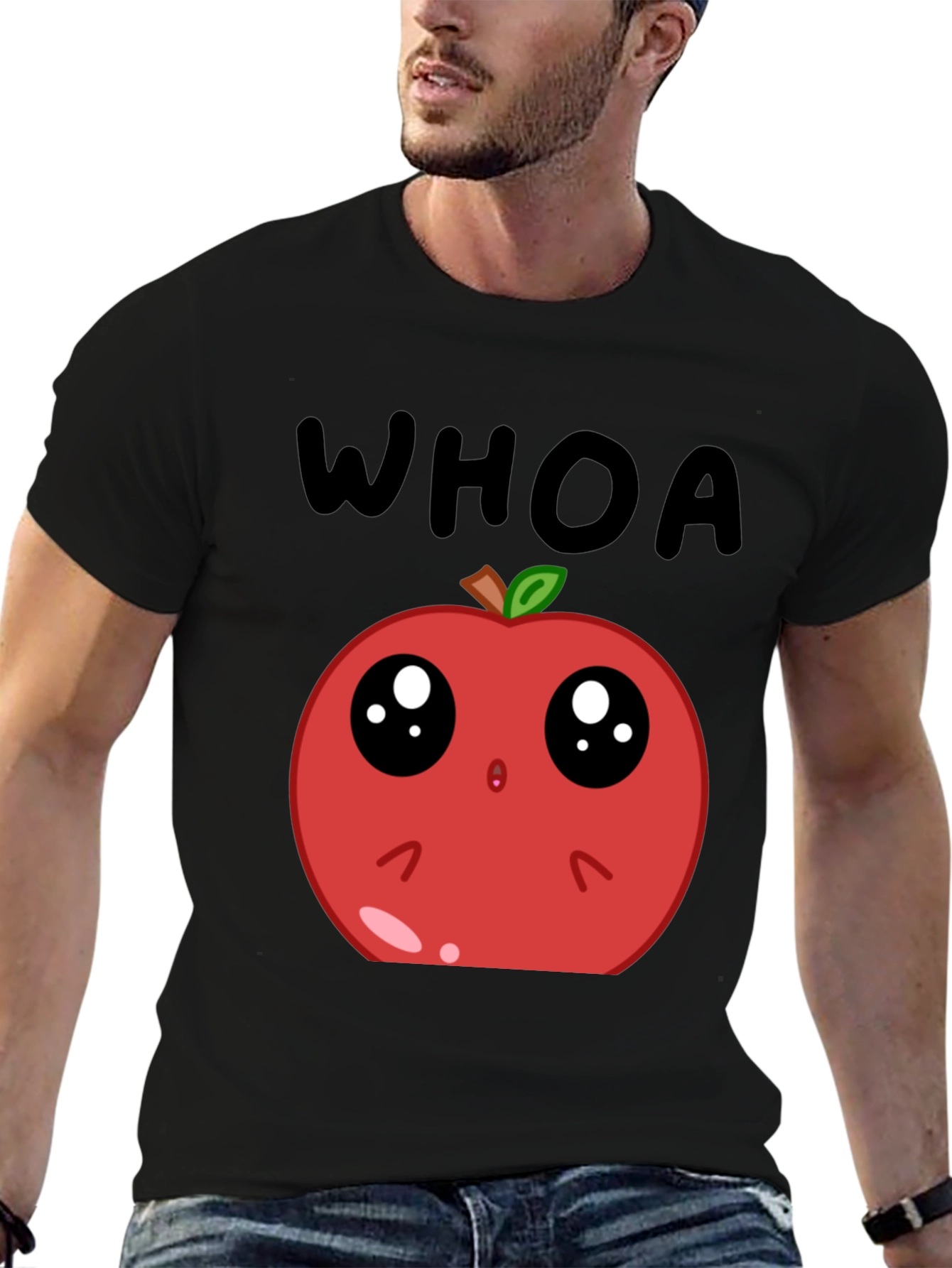 Black Funny Apple Cartoon T-Shirt - Whoa Cute Fruit Tee view 6