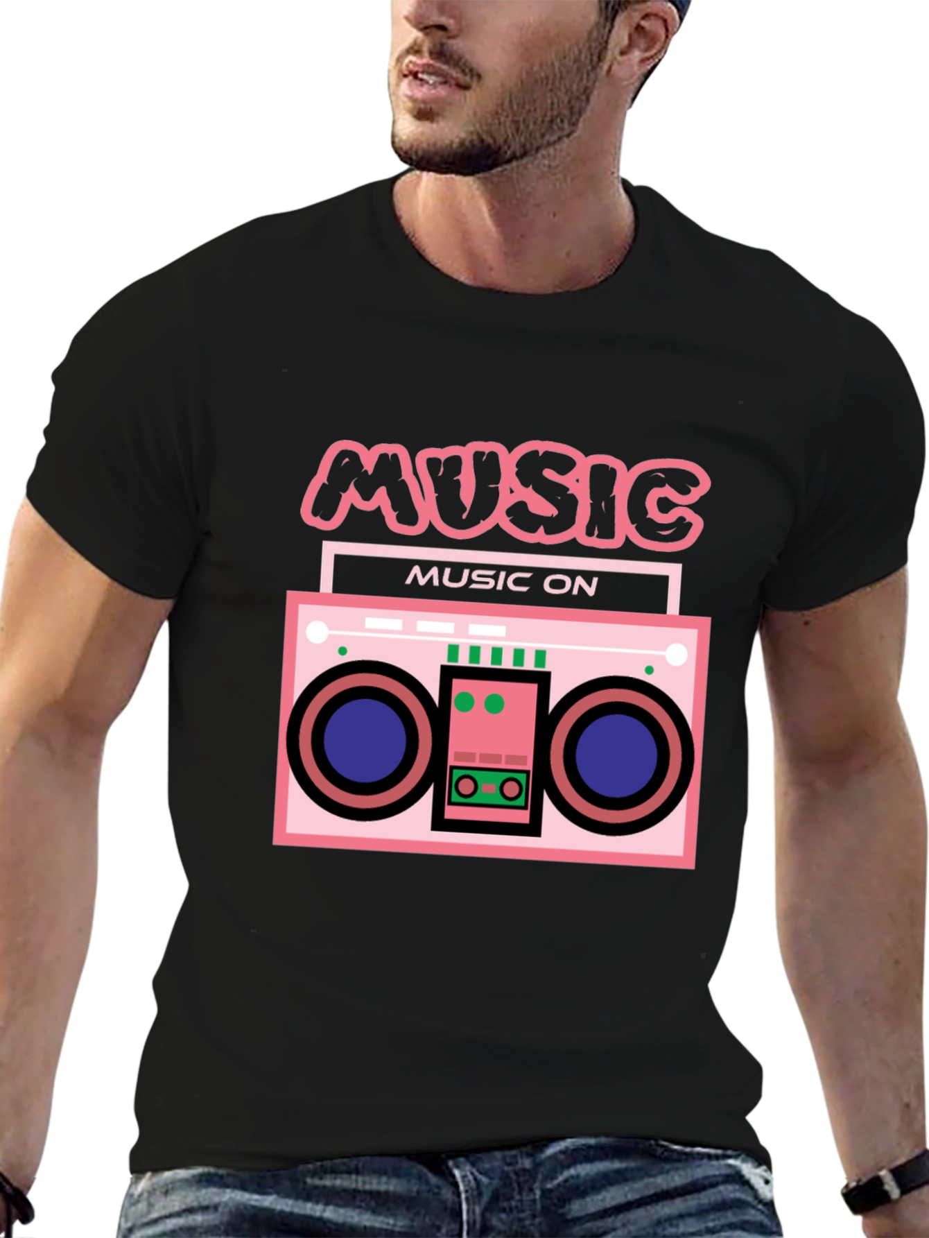 Black Retro Boombox Music T-Shirt view 6