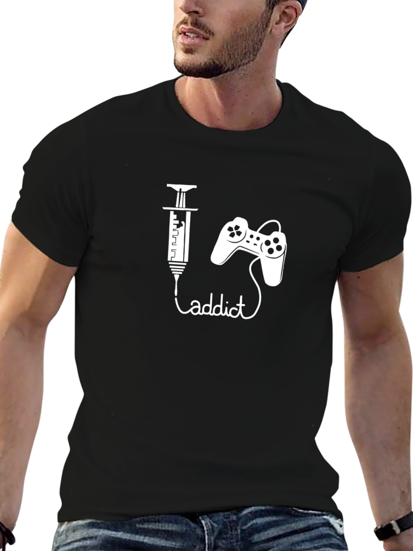 Black Gamer Addict Graphic Tee - Black Cotton T-Shirt view 6