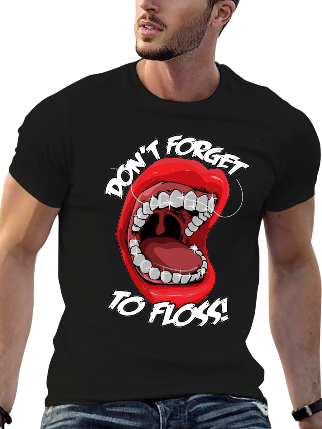 Black Don't Forget to Floss! Graphic T-Shirt view 6