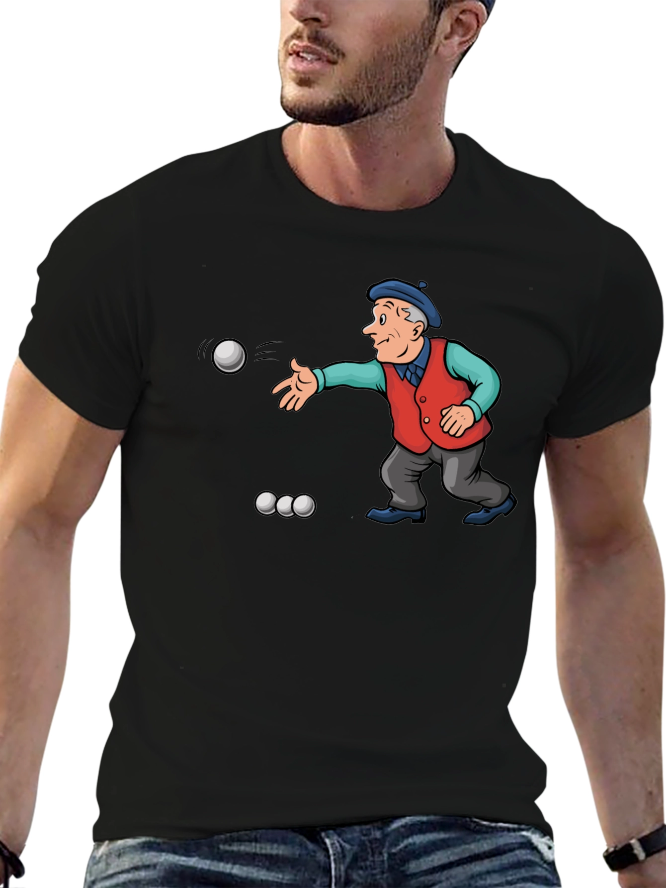 Black Cartoon Bocce Ball Player Black T-Shirt view 6