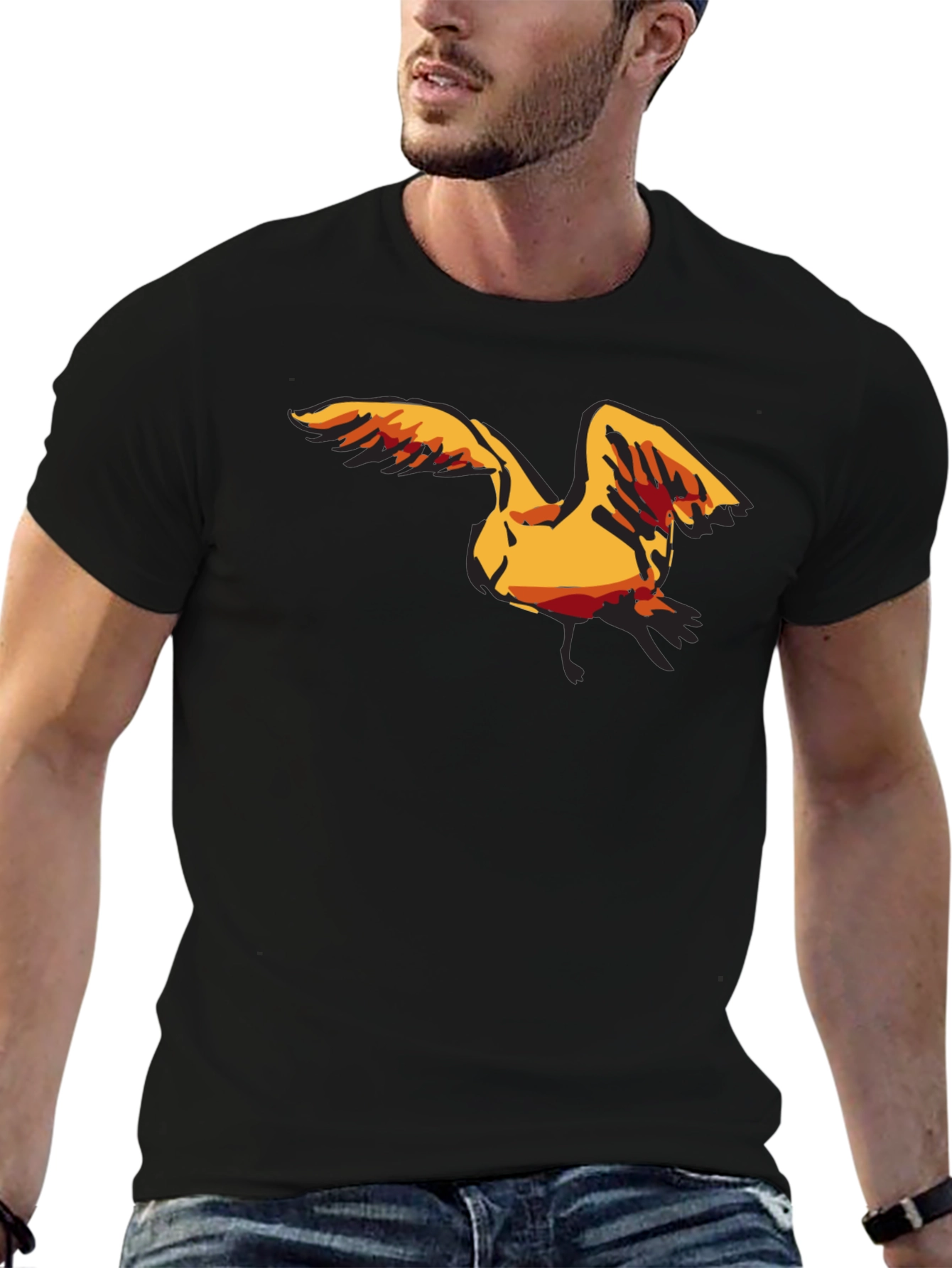 Black Men's Black T-Shirt with Seagull Graphic view 6