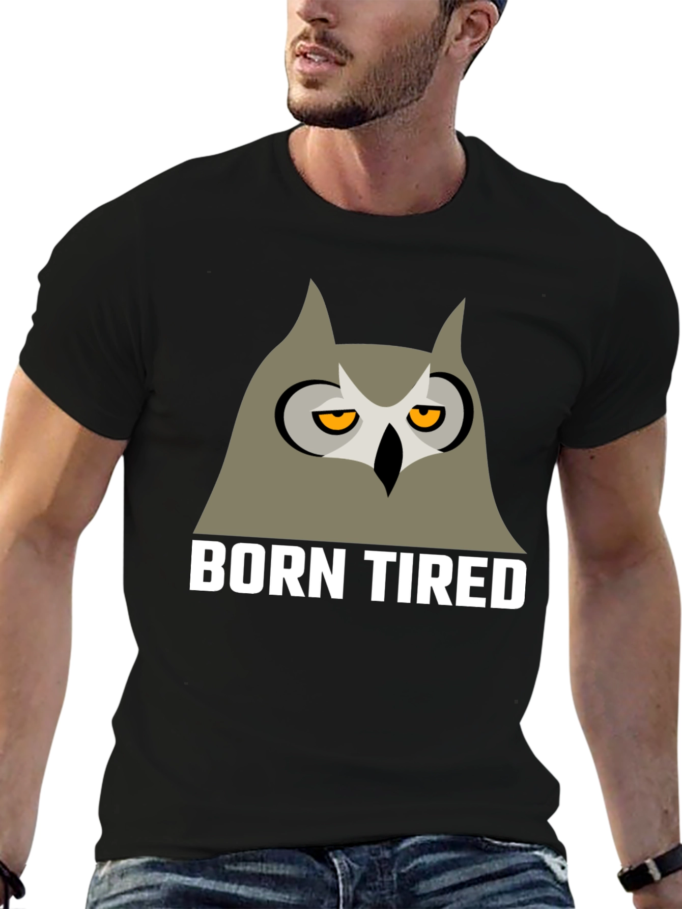 Black Born Tired Owl Graphic T-Shirt -  Black Crew Neck Tee view 6