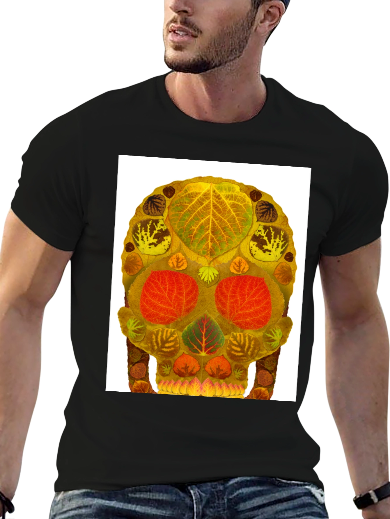 Black Leaf Skull Graphic Tee - Unique Nature Art T-Shirt view 6