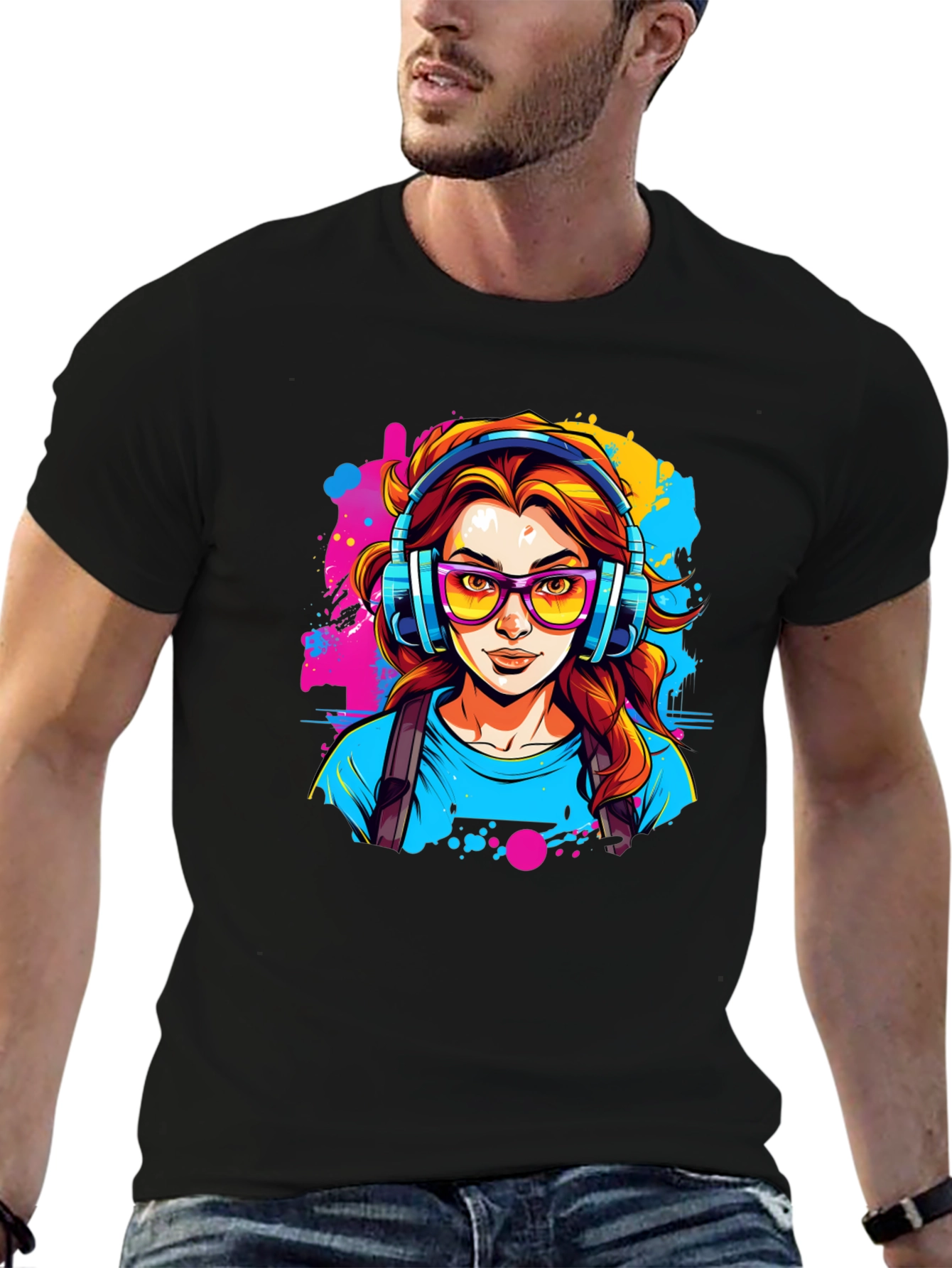 Black Graphic Print T-Shirt - Woman with Headphones view 6