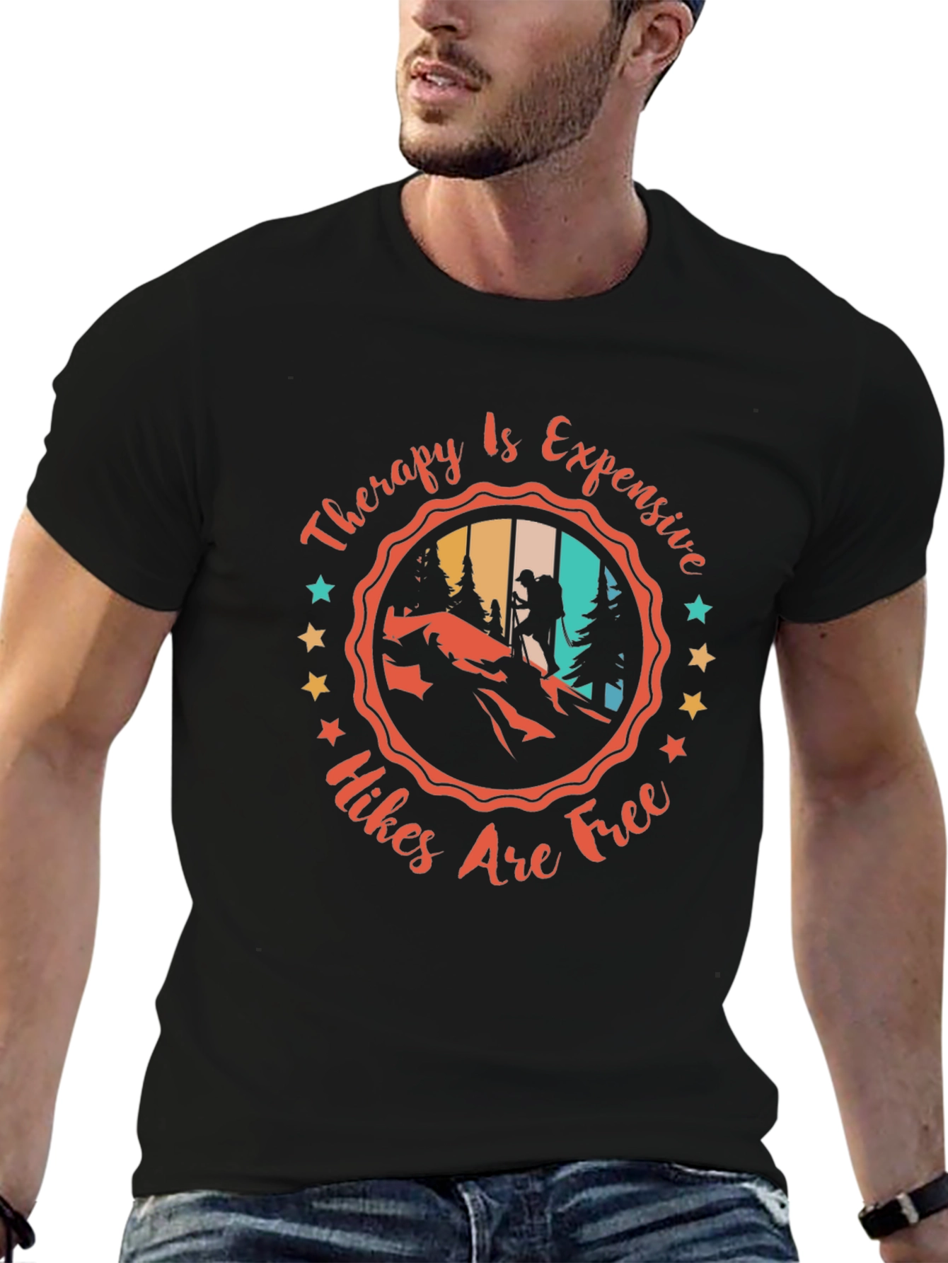 Black Hiking Therapy T-Shirt - Hikes Are Free view 6