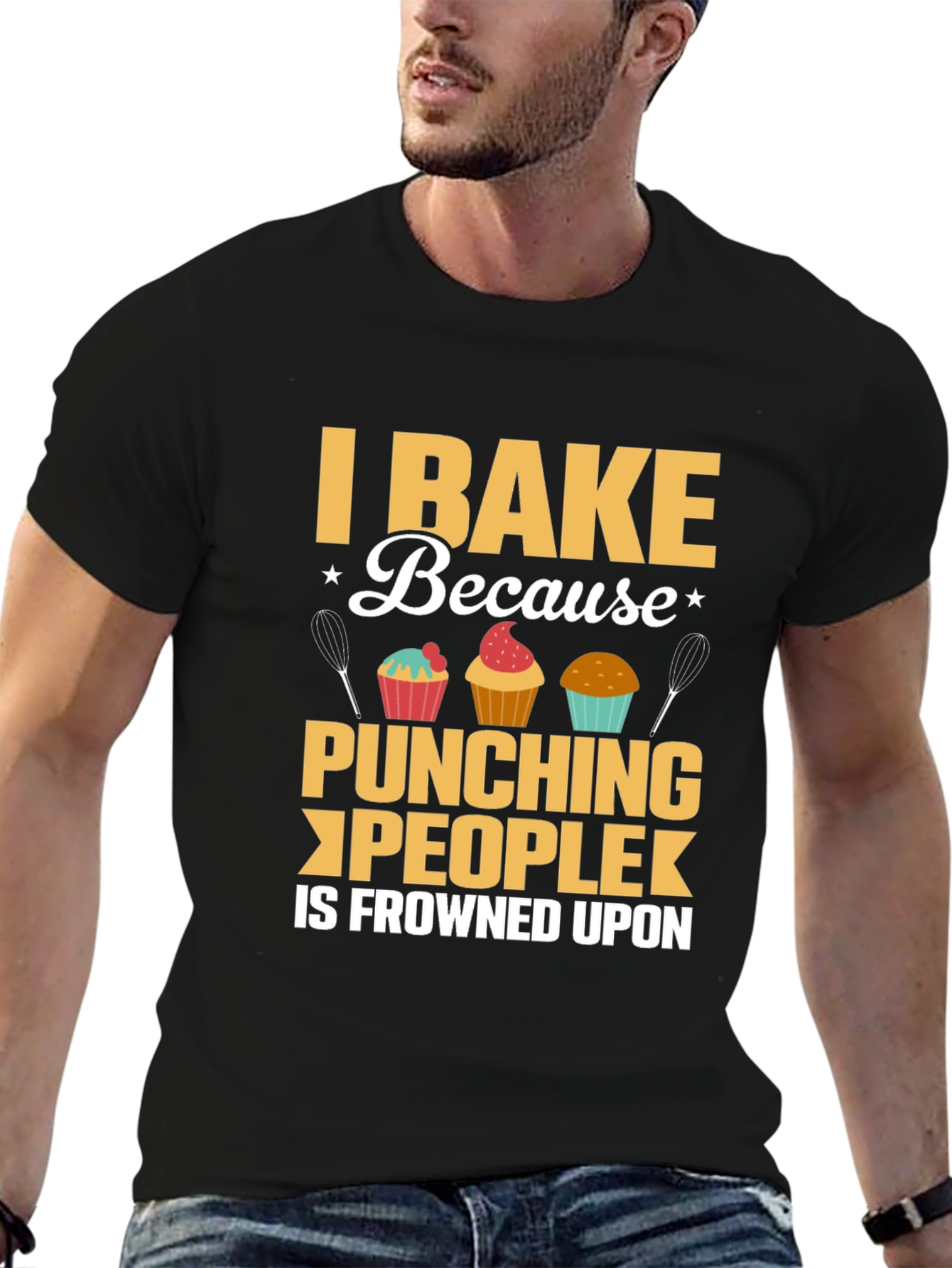 Black I Bake Because Punching People is Frowned Upon T-Shirt view 6