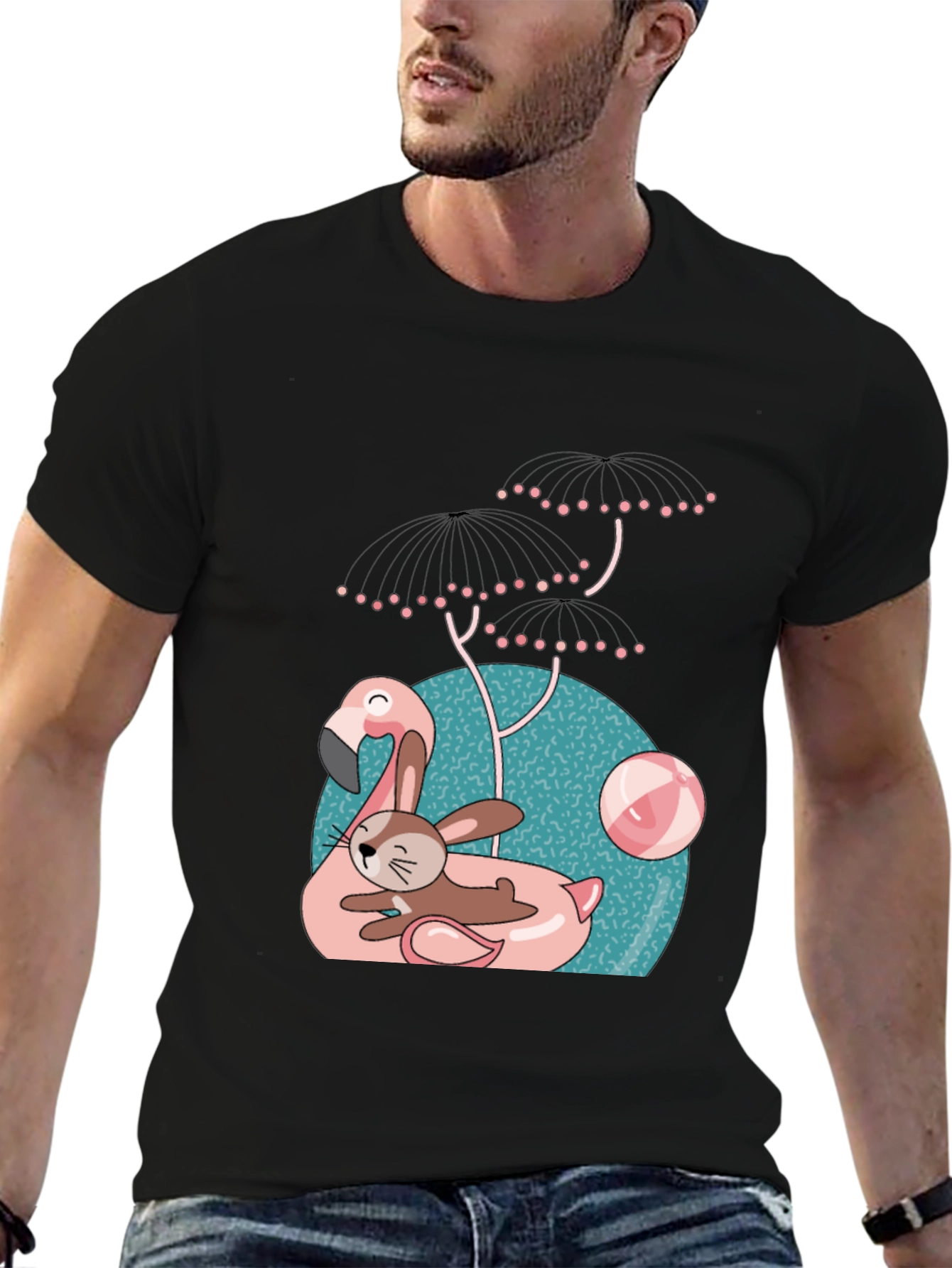 Black Fun Flamingo & Bunny Graphic T-Shirt view 6
