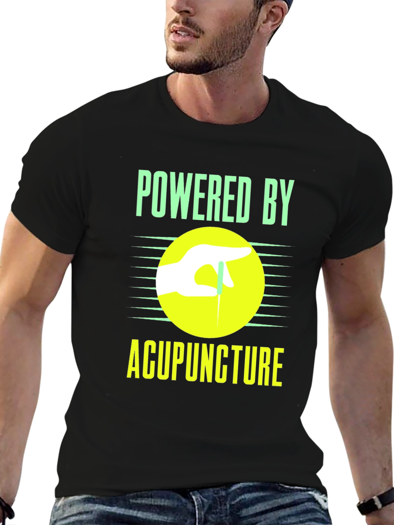 Black Powered By Acupuncture Graphic T-Shirt view 6