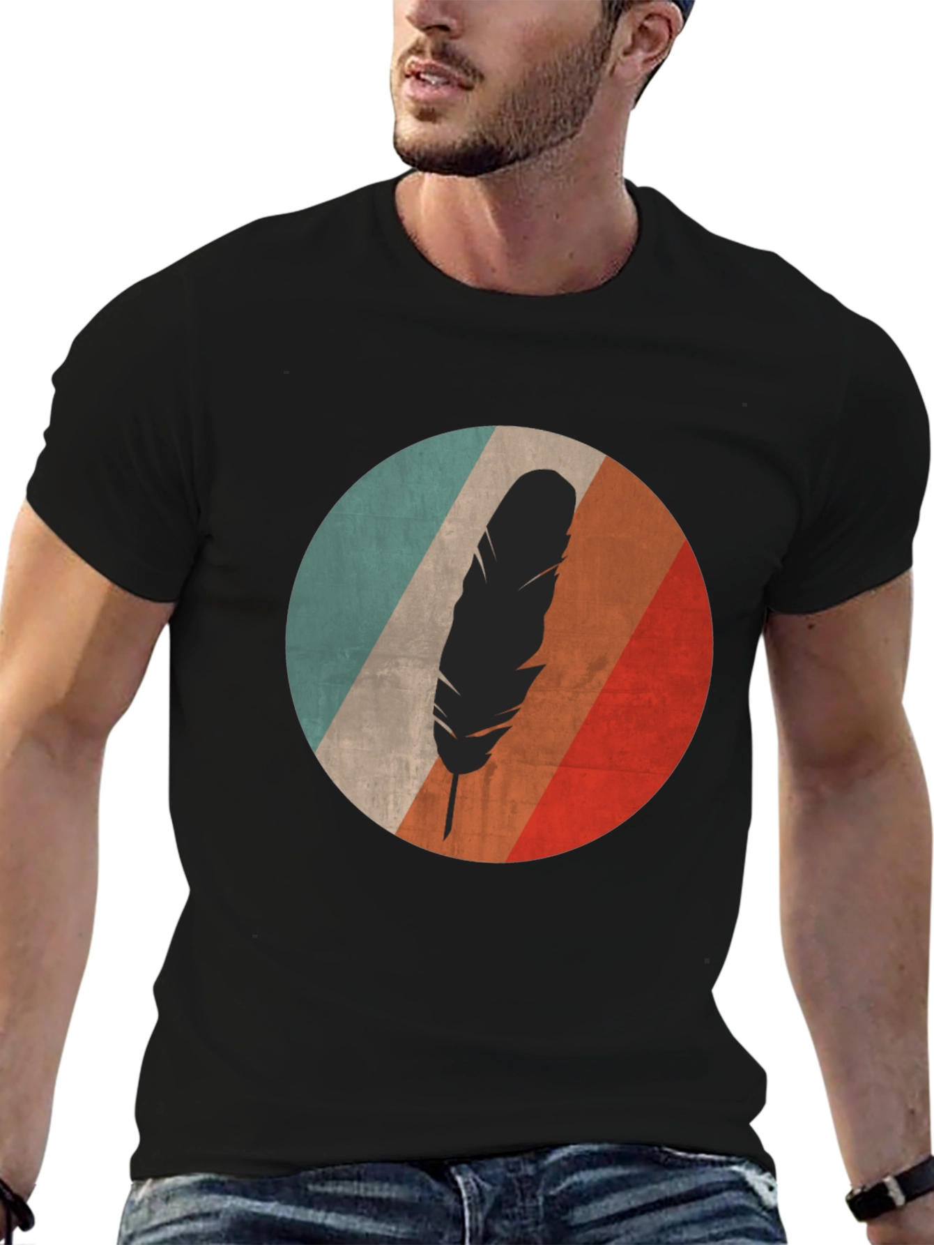 Black Retro Feather Graphic Tee - Black Cotton Blend view 6