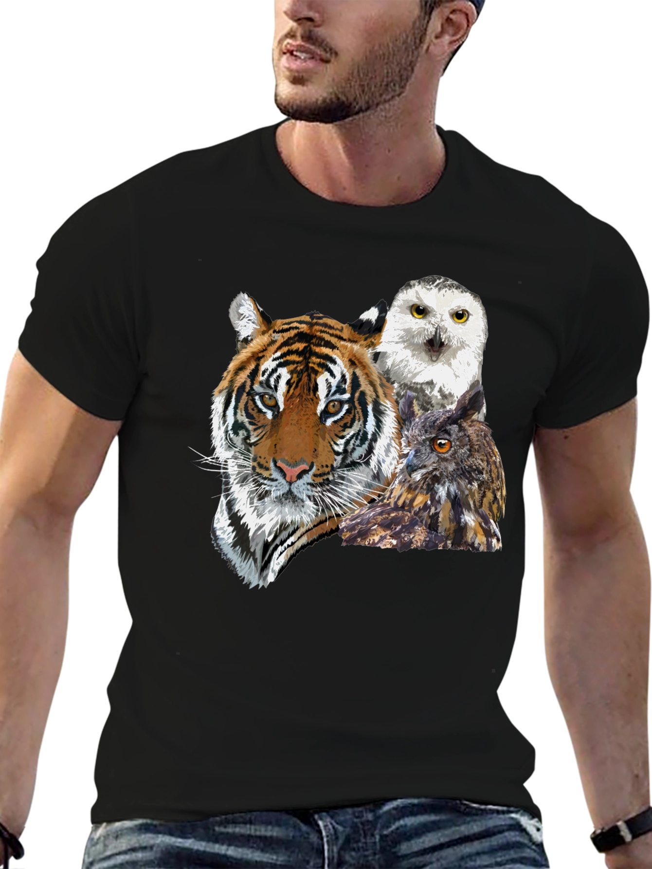 Black Tiger and Owl Graphic Tee - Men's Black T-Shirt view 6