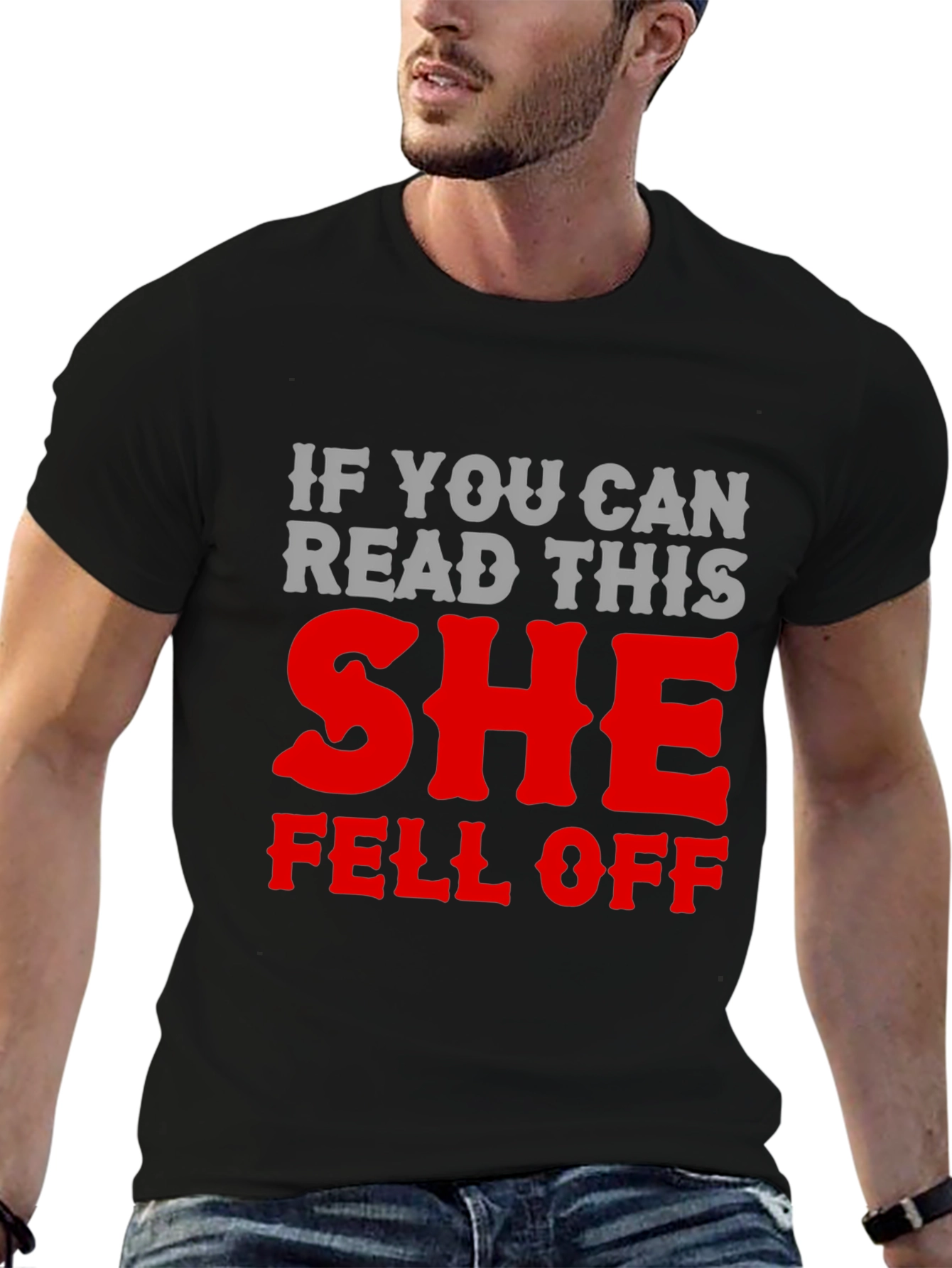 Black Humorous 'She Fell Off' Graphic T-Shirt view 6