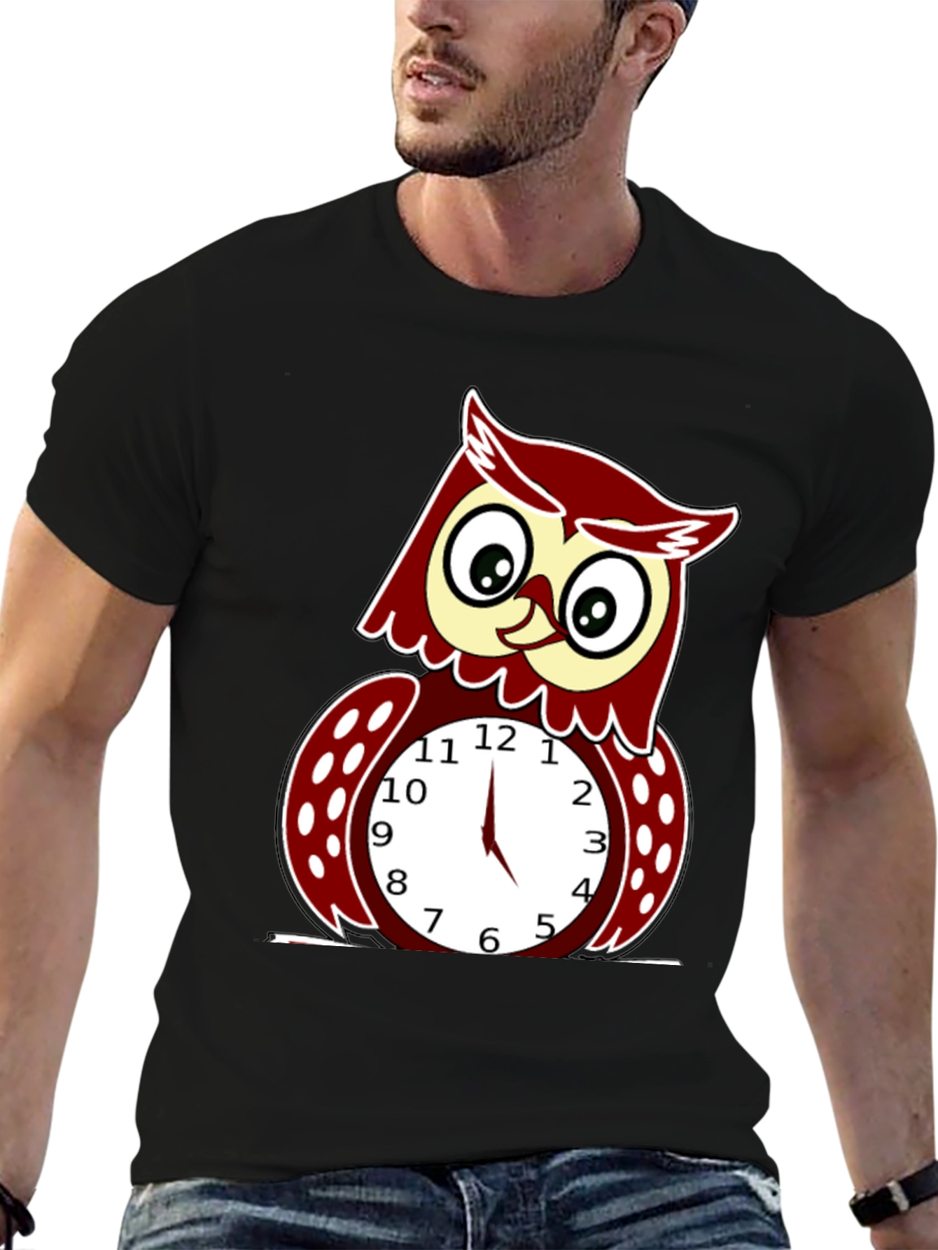 Black Funny Owl Clock Graphic T-Shirt - Mens view 6