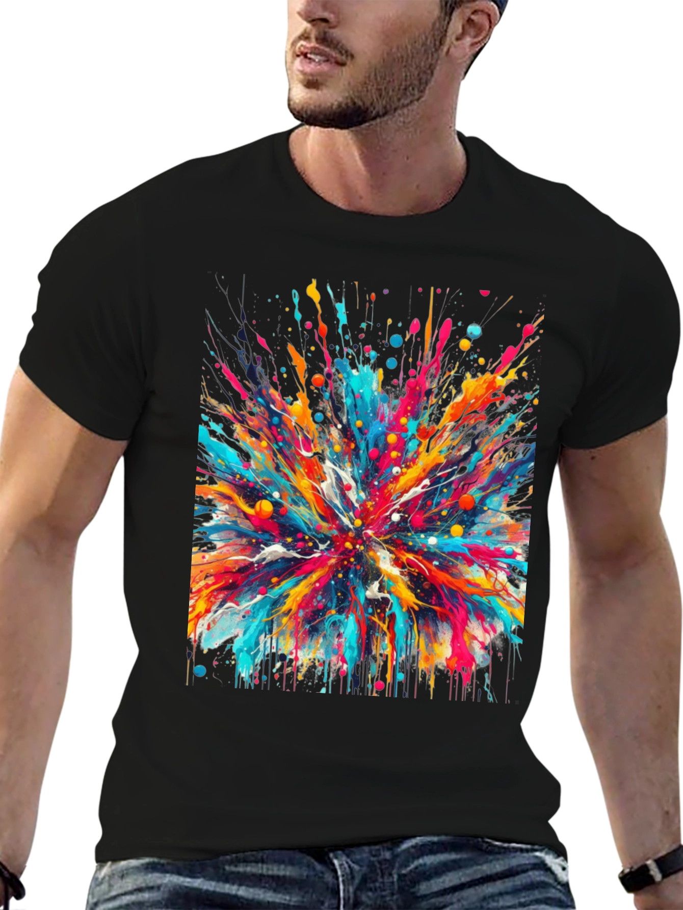 Black Colorful Splatter T-Shirt - Unique Artistic Design view 6
