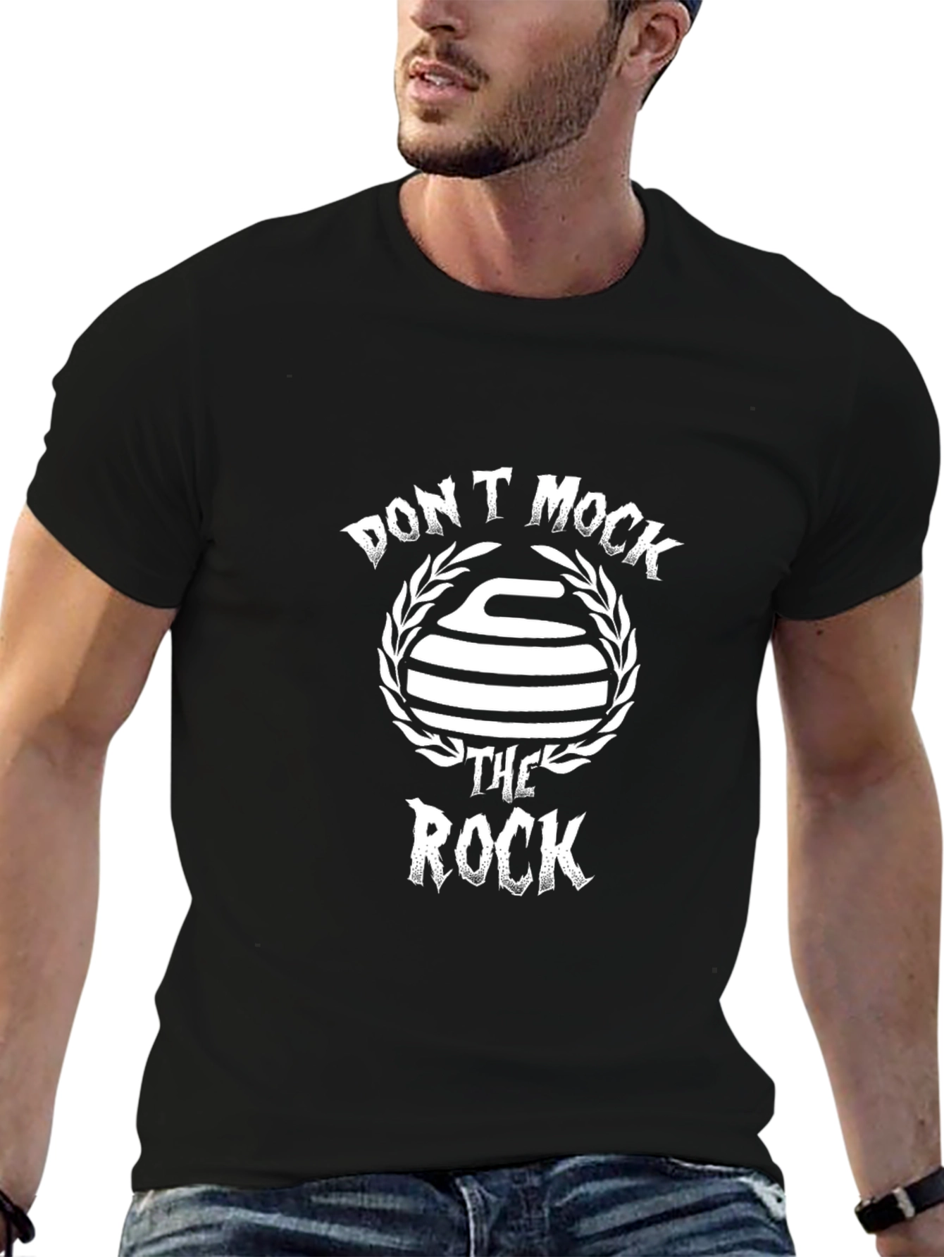 Black Don't Mock the Rock T-Shirt - Curling Fan Apparel view 6