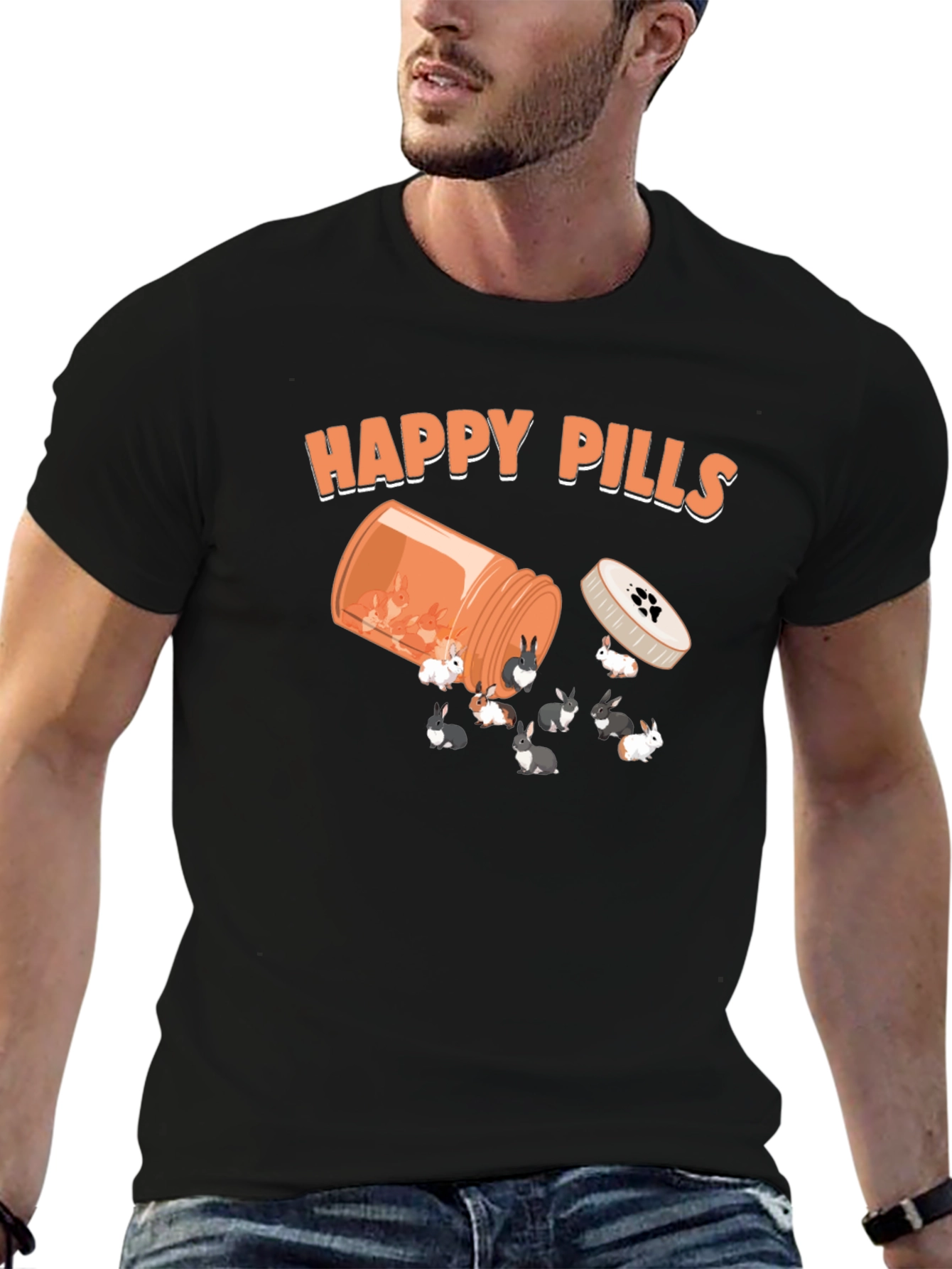 Black Happy Pills Bunny T-Shirt, Novelty Graphic Tee view 6