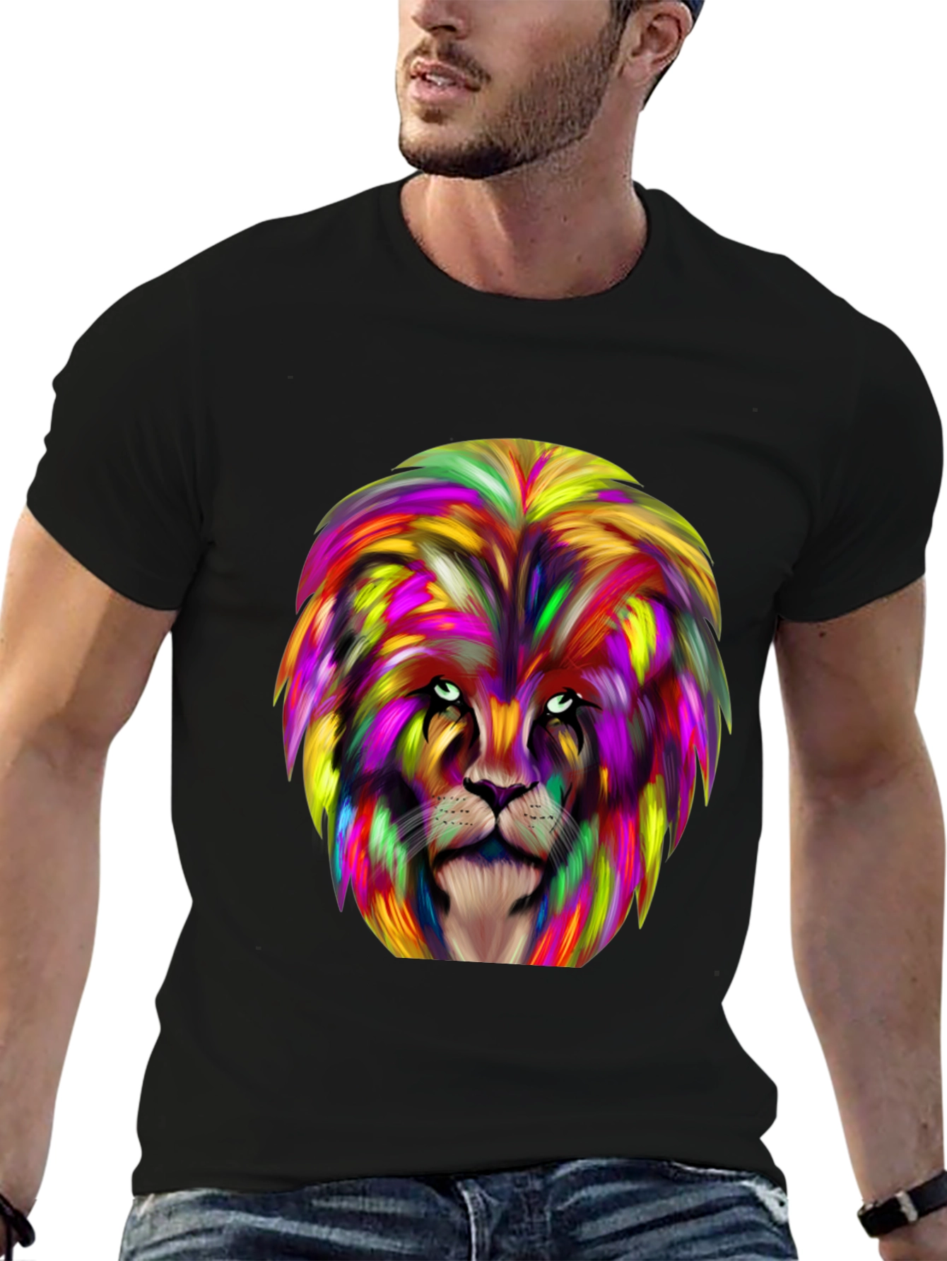 Black Colorful Lion Graphic Black T-Shirt view 6