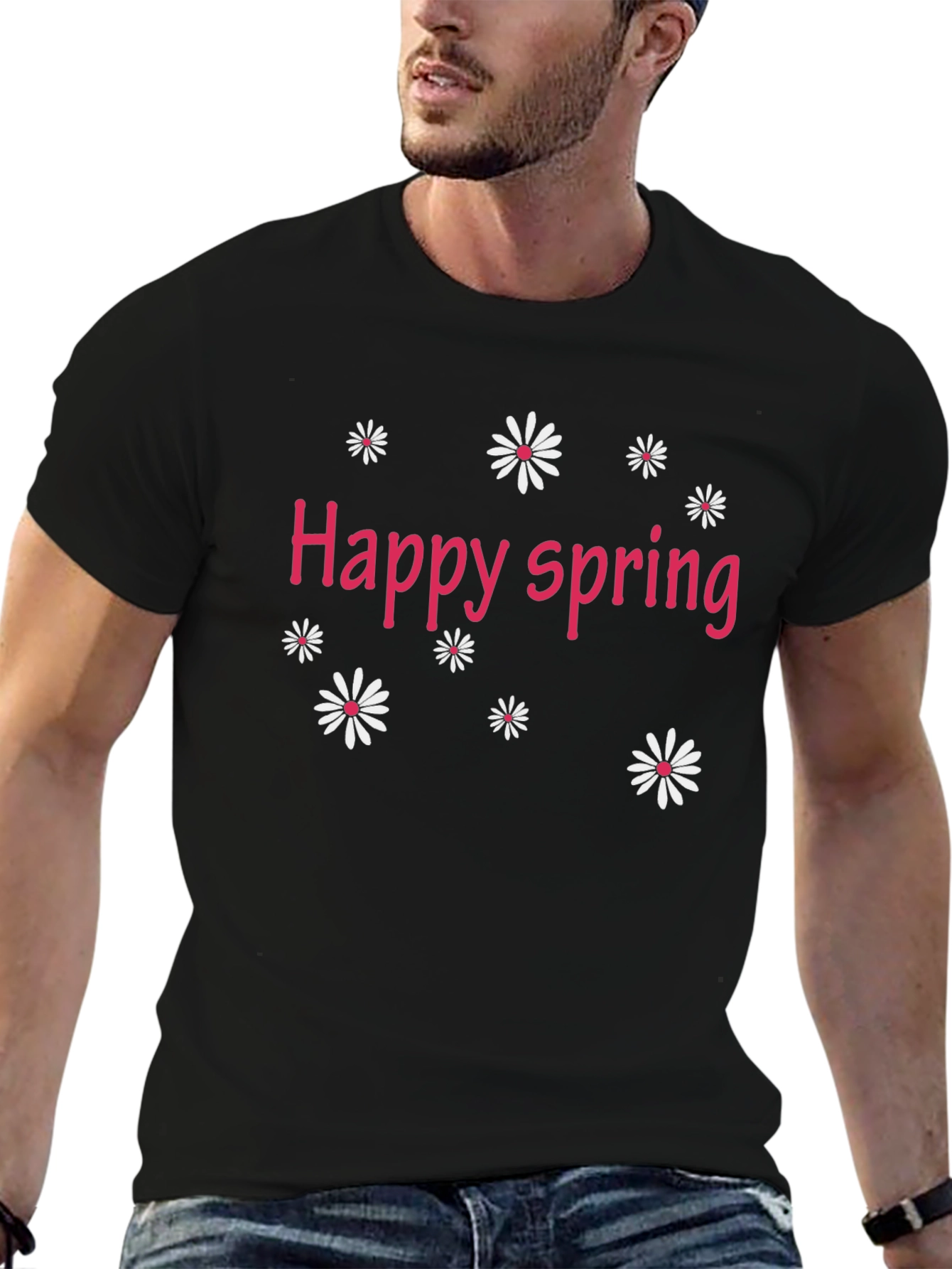 Black Happy Spring Black T-Shirt - Floral Design view 6