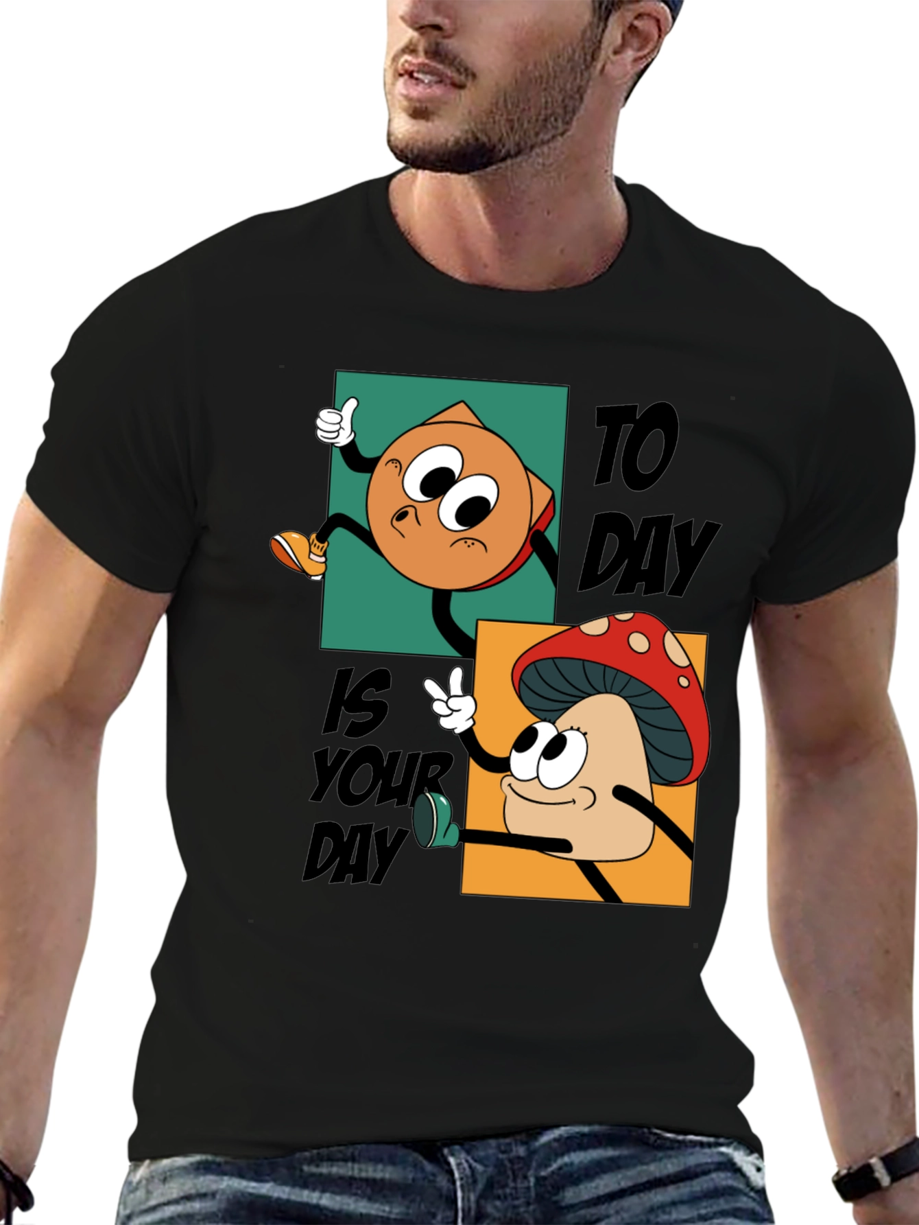 Black Cartoon Mushroom & Chip T-Shirt - Today Is Your Day! view 6