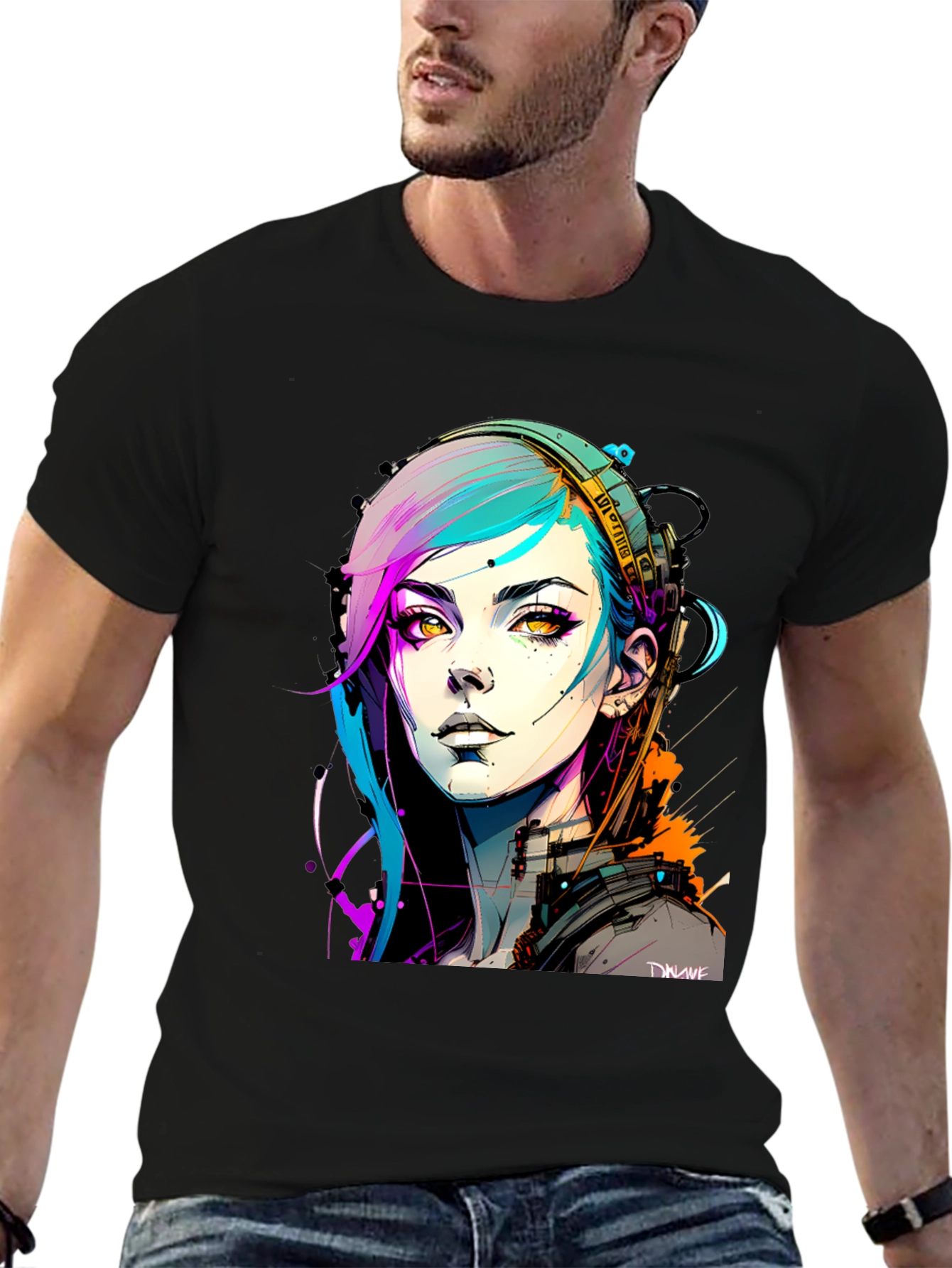 Black Cyberpunk Girl Graphic Tee - Black Cotton T-Shirt view 6