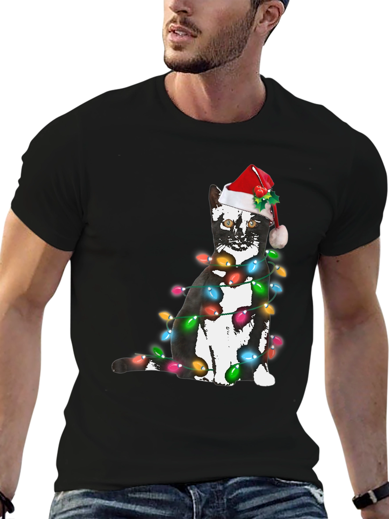 Black Festive Cat Christmas Lights T-Shirt view 6