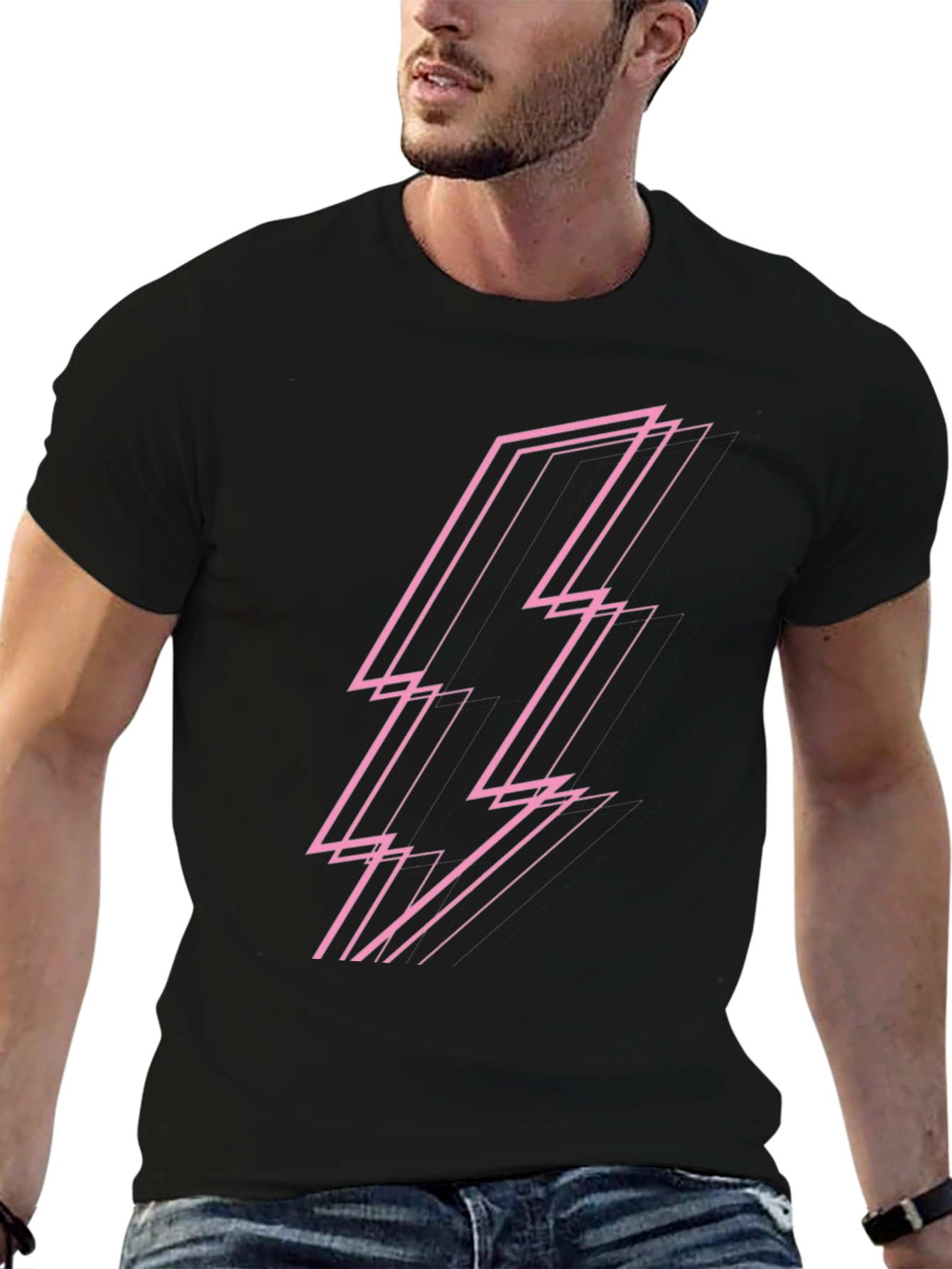 Black Modern Pink Lightning Bolt Graphic Black T-Shirt view 6