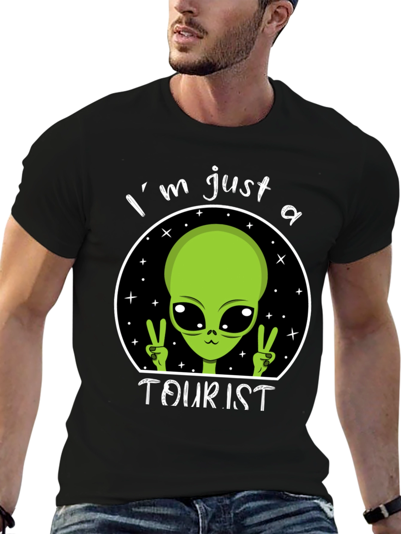 Black I'm Just A Tourist Alien T-Shirt - Outer Space Humor Tee view 6