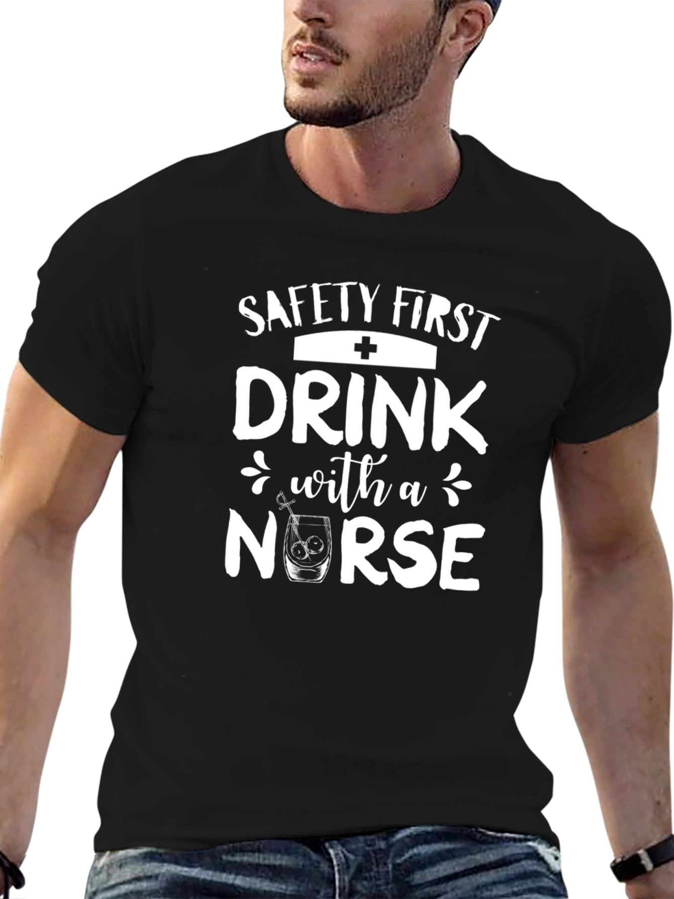 Black Safety First Drink With a Nurse T-Shirt view 6