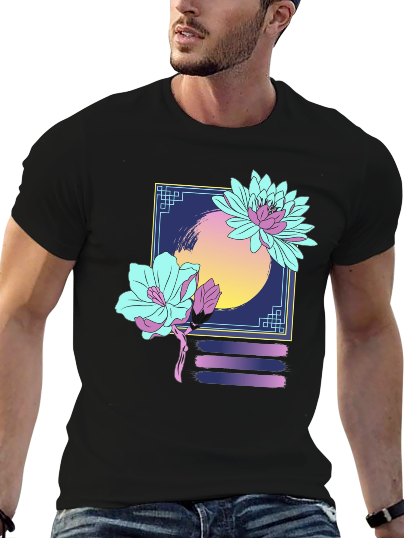 Black Floral Graphic T-Shirt - Retro Aesthetic Design view 6