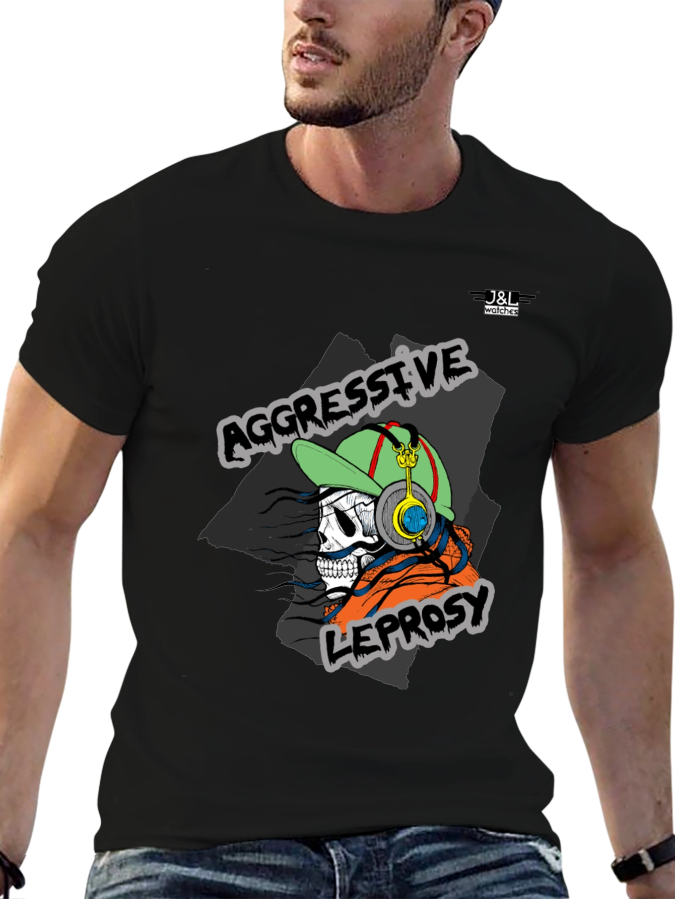 Black Aggressive Leprosy Graphic Tee - Skull with Headphones view 6