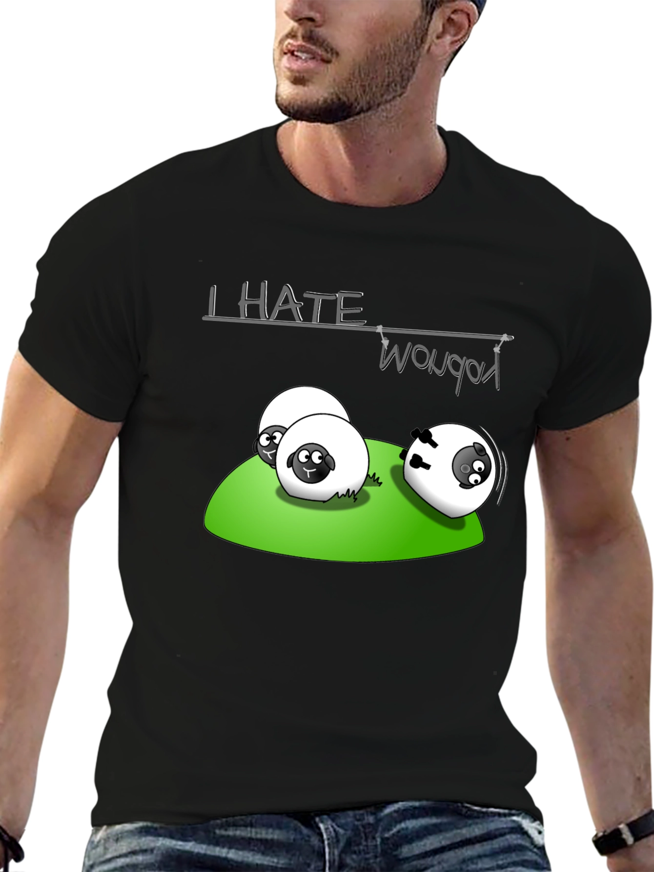 Black I Hate Woobots Funny Sheep Cartoon Black T-Shirt view 6