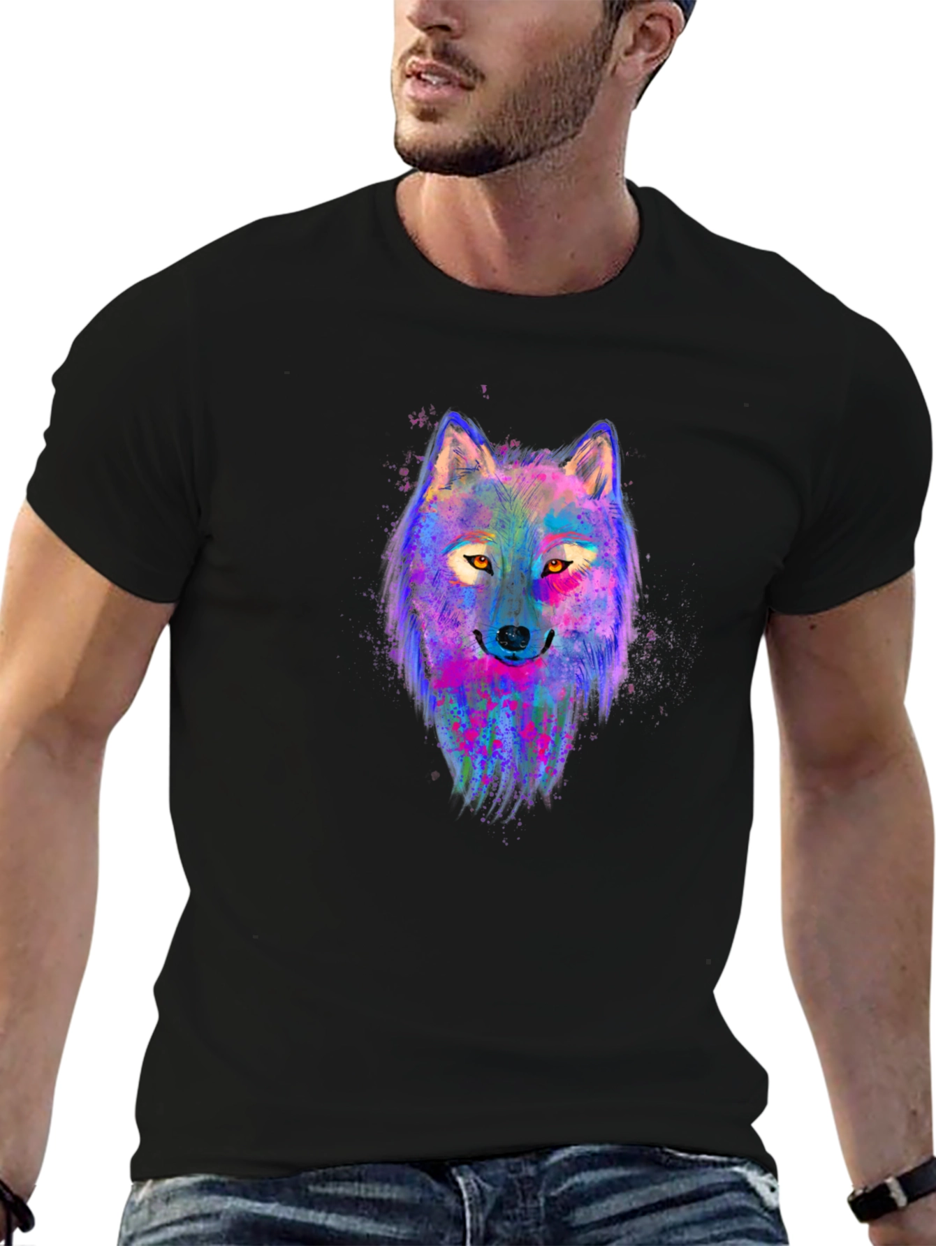 Black Vibrant Wolf Graphic Tee - Men's Black T-Shirt view 6