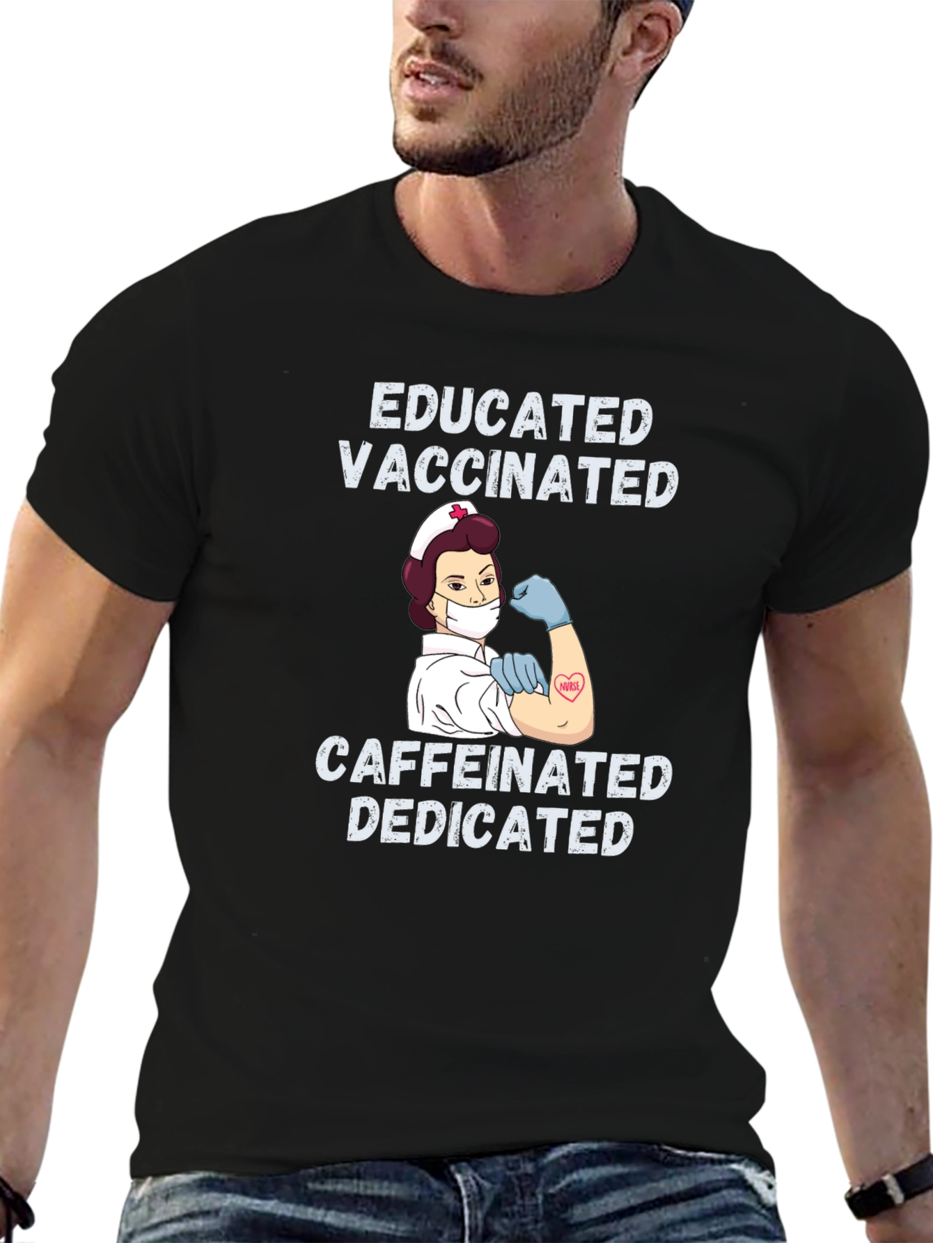Black Educated Vaccinated Caffeinated Dedicated Nurse T-Shirt view 6