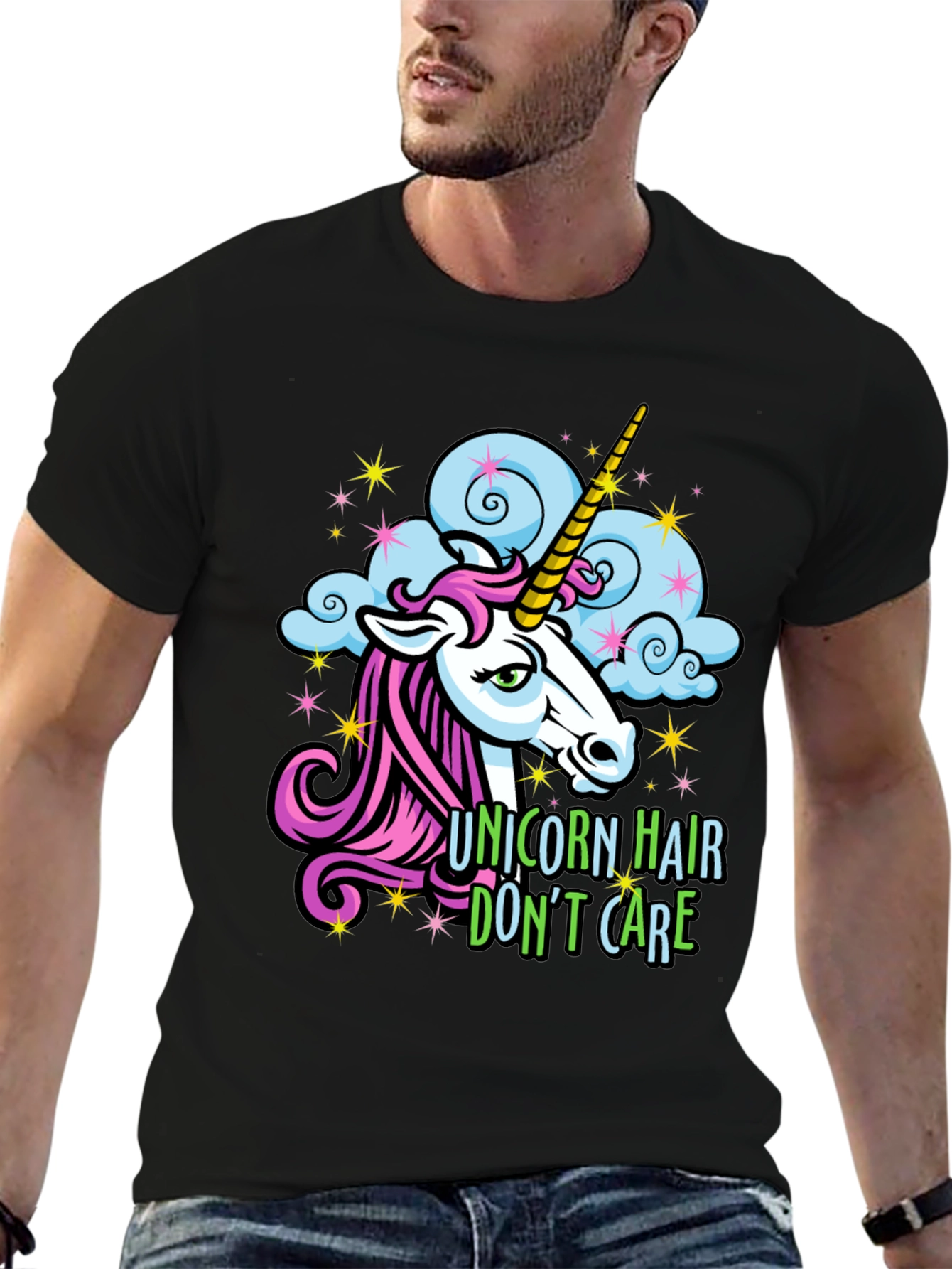 Black Unicorn Hair Don't Care Tee - Funny Graphic T-Shirt view 6